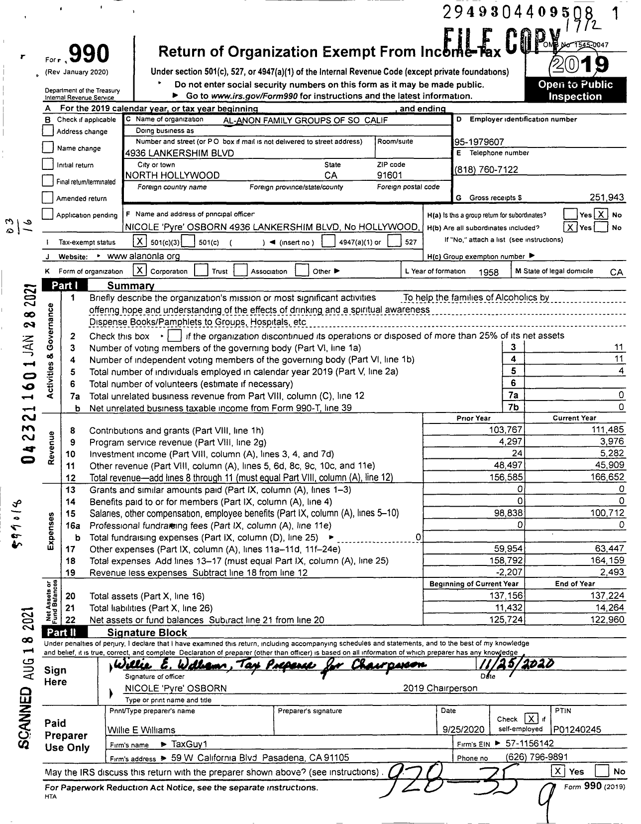 Image of first page of 2019 Form 990 for Al-Anon Family Groups of Greater Los Angeles