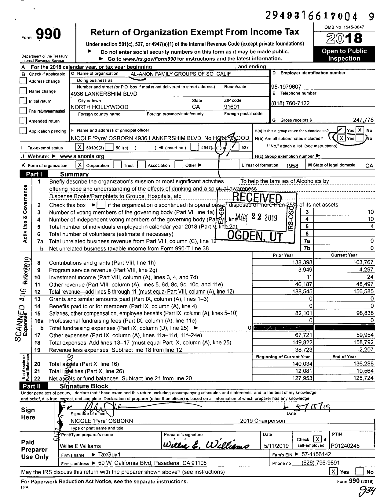 Image of first page of 2018 Form 990 for Al-Anon Family Groups of Greater Los Angeles