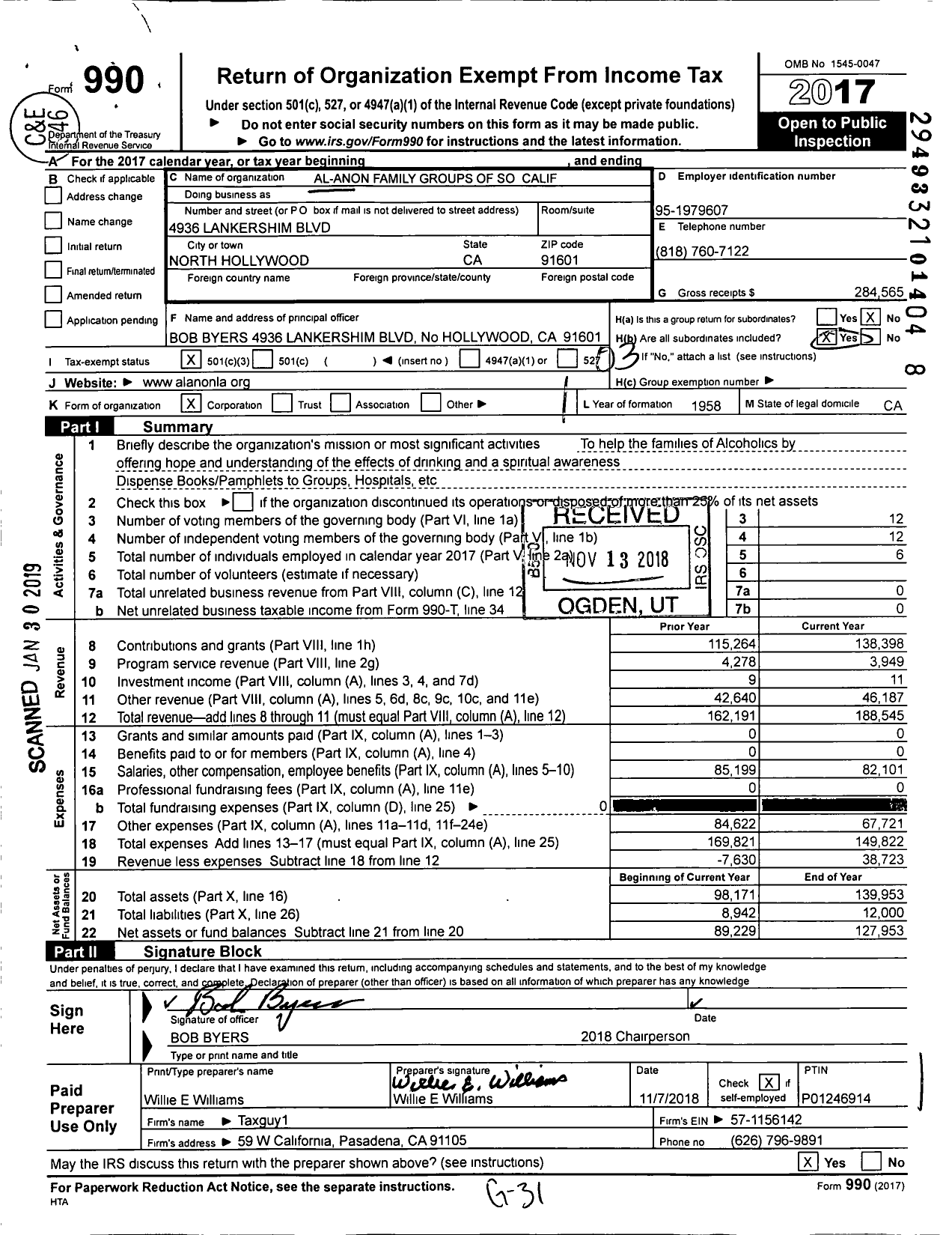 Image of first page of 2017 Form 990 for Al-Anon Family Groups of Greater Los Angeles