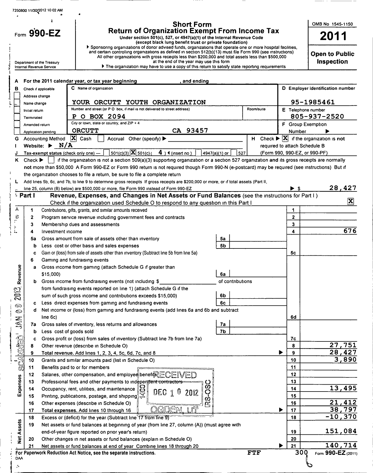 Image of first page of 2011 Form 990EO for Your Orcutt Youth Organization