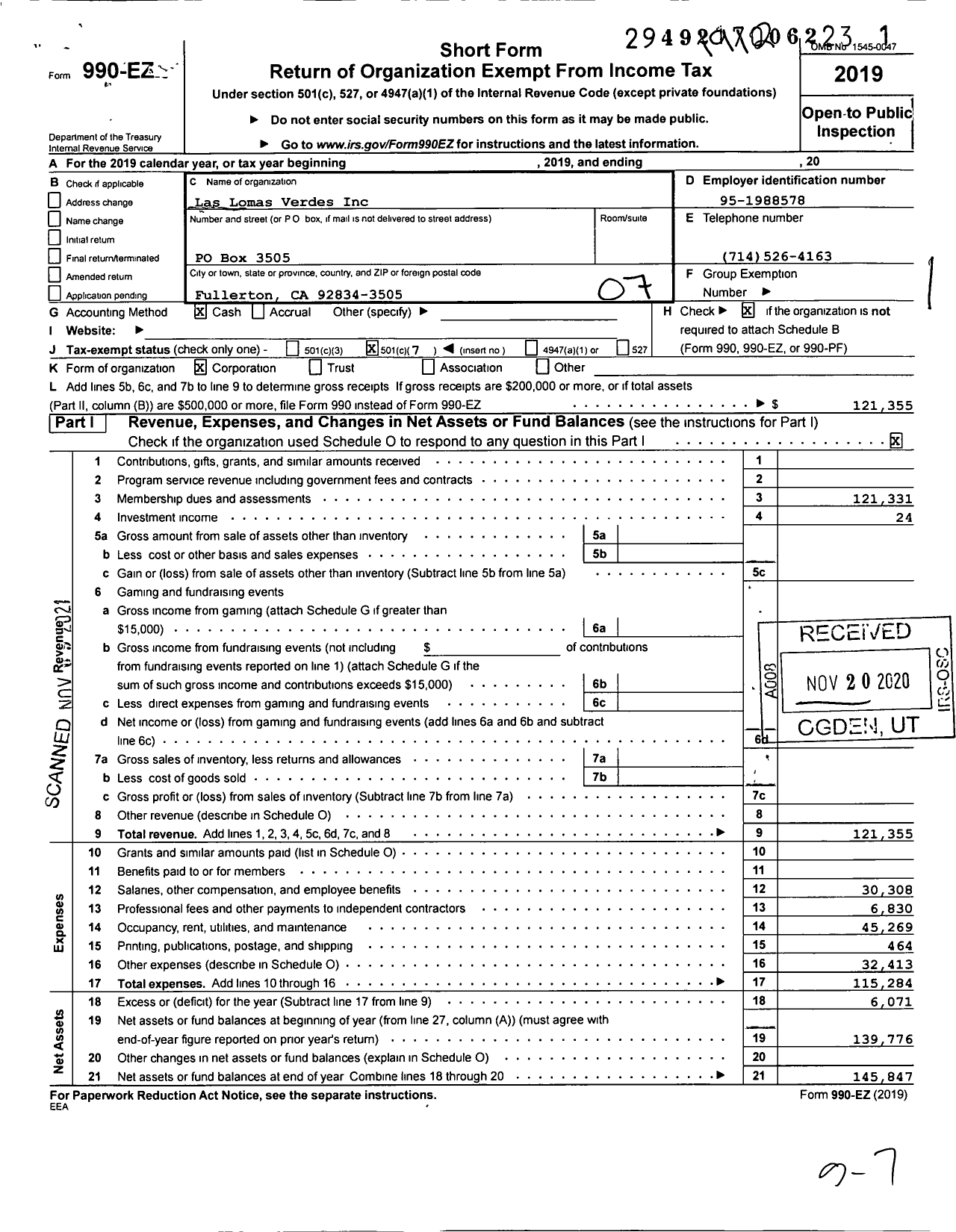 Image of first page of 2019 Form 990EO for Las Lomas Verdes