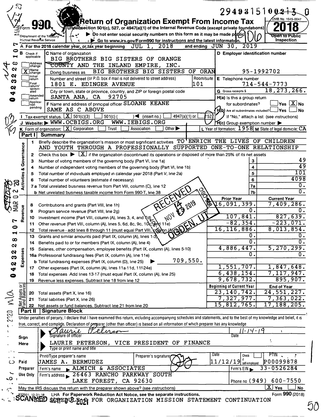 Image of first page of 2018 Form 990 for Big Brothers Big Sisters of Orange County