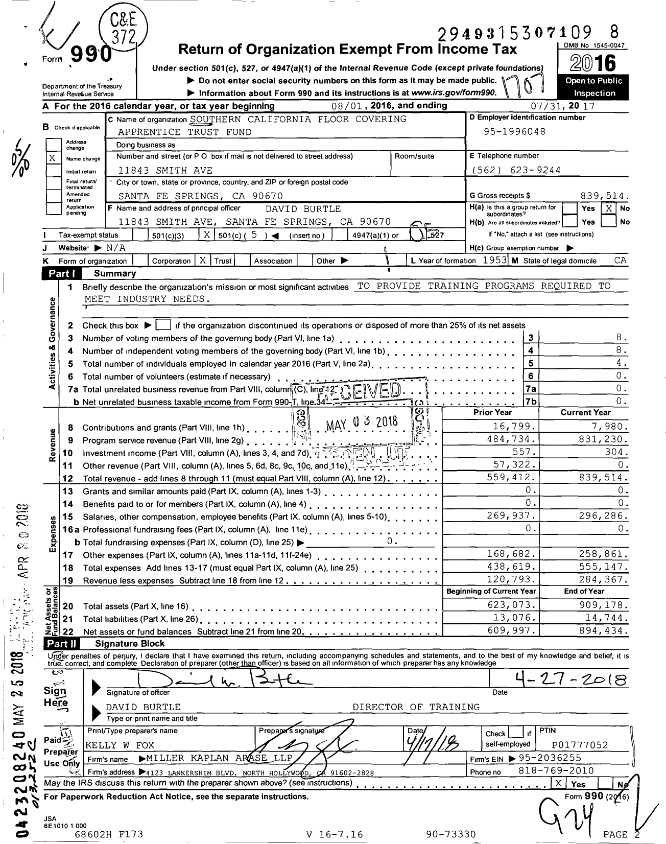 Image of first page of 2016 Form 990O for Southern California Floor Covering Apprentice Trust Fund