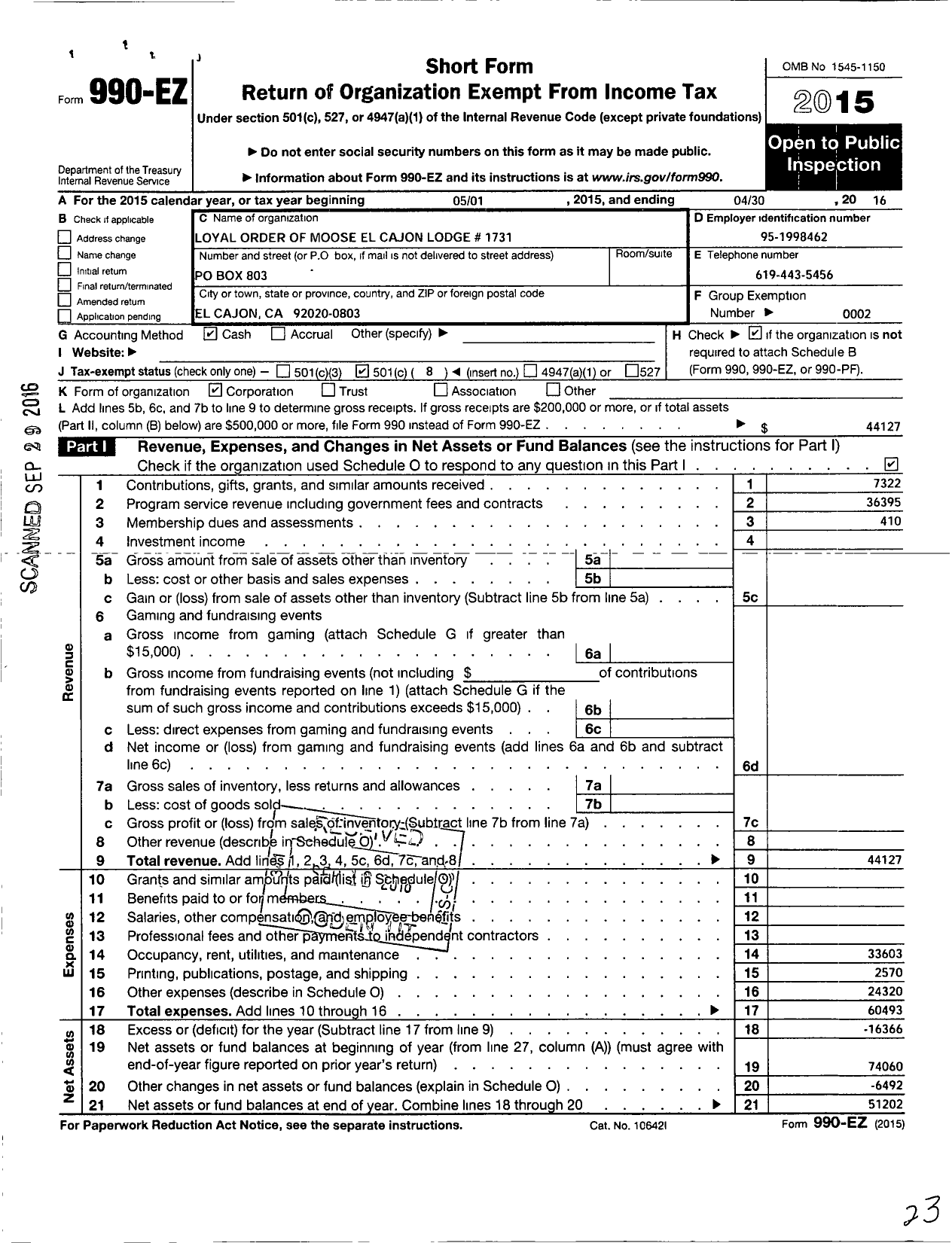 Image of first page of 2015 Form 990EO for Loyal Order of Moose El Cajon Lodge 1731