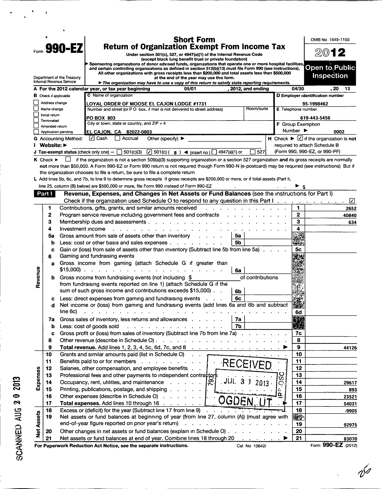 Image of first page of 2012 Form 990EO for Loyal Order of Moose El Cajon Lodge 1731