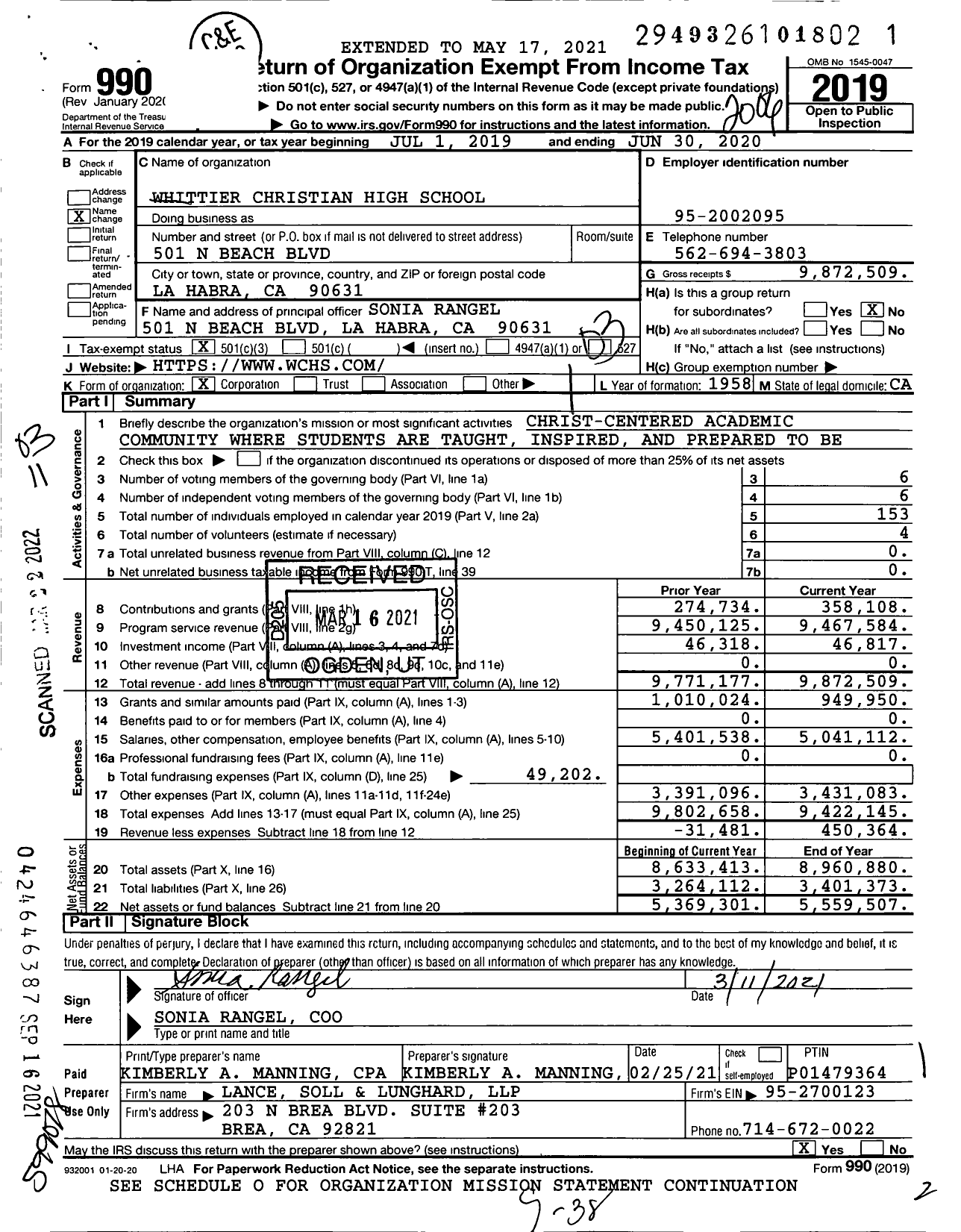 Image of first page of 2019 Form 990 for Whittier Christian High School (WCHS)