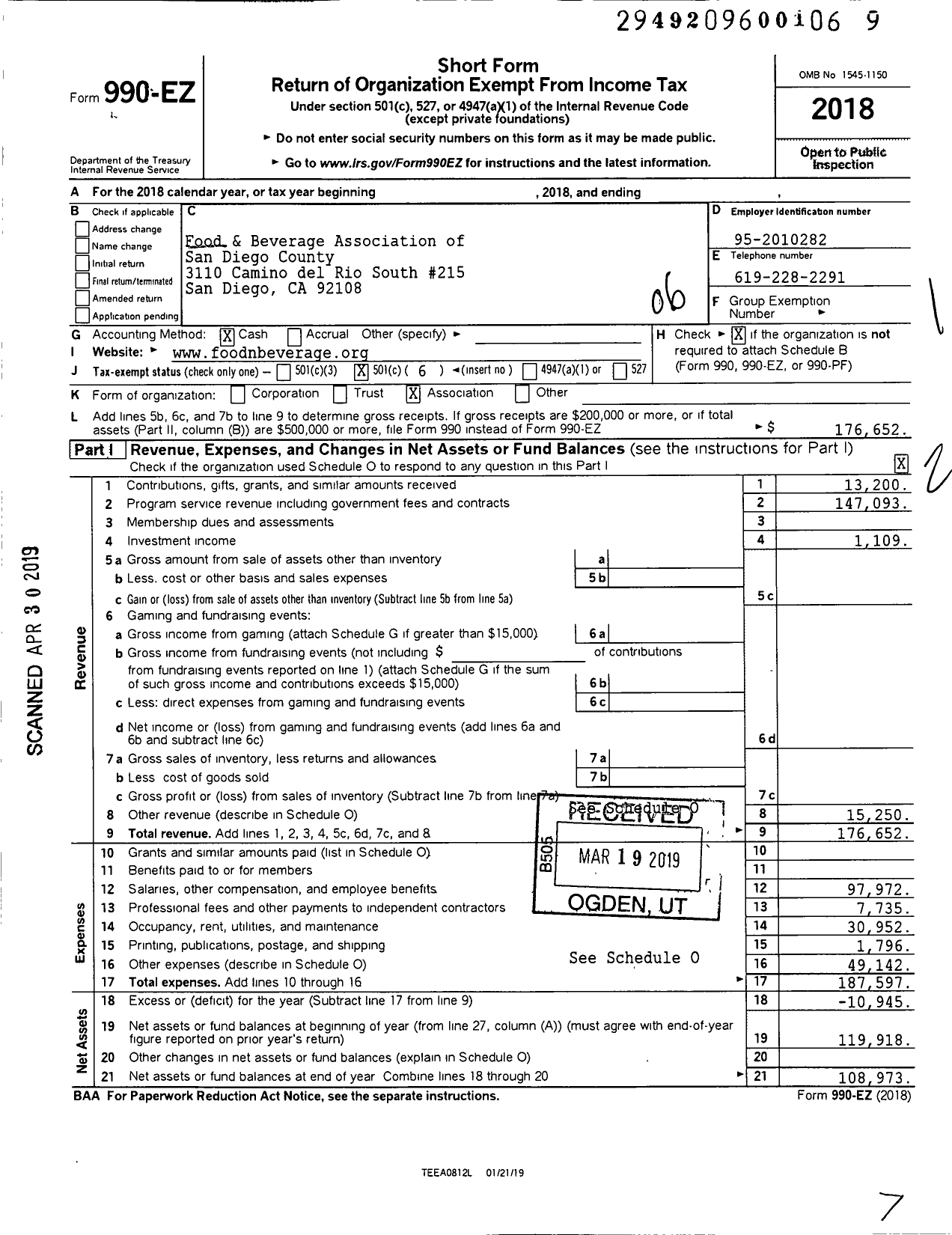 Image of first page of 2018 Form 990EO for Food & Beverage Association of San Diego County