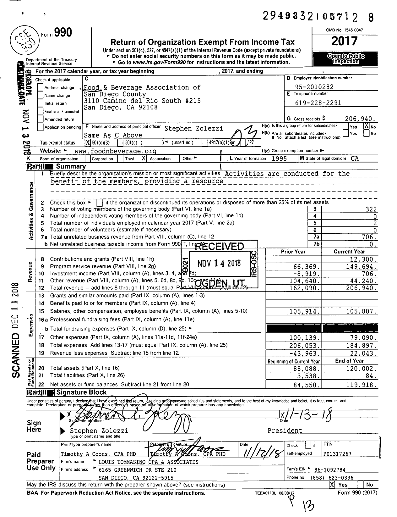 Image of first page of 2017 Form 990 for Food & Beverage Association of San Diego County