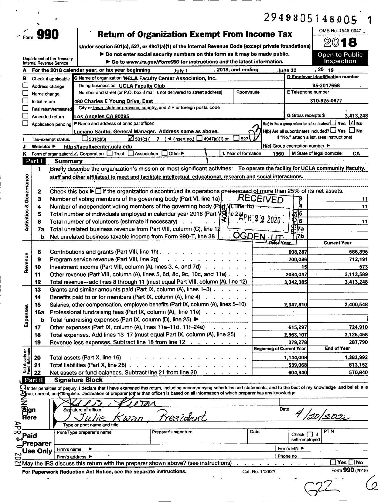 Image of first page of 2018 Form 990 for UCLA Faculty Club