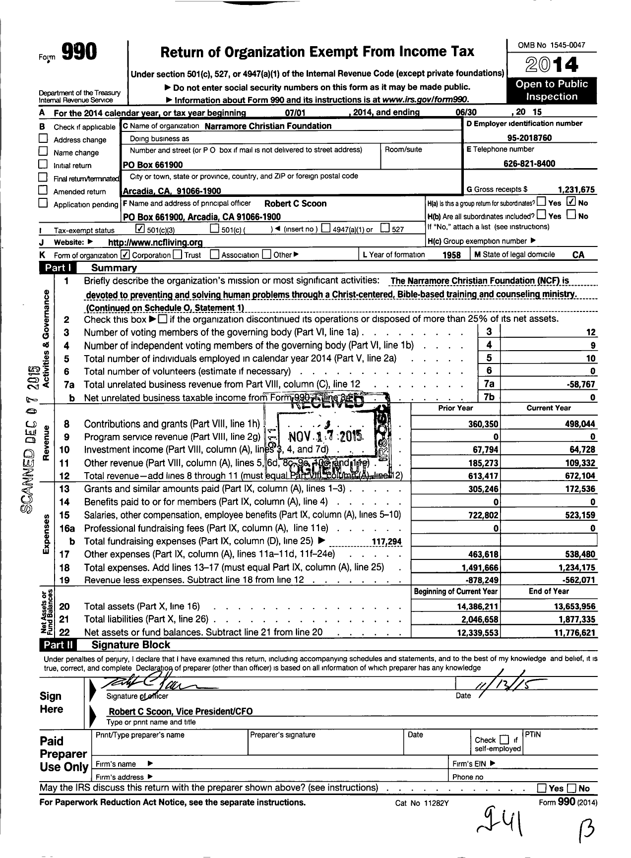 Image of first page of 2014 Form 990 for Narramore Christian Foundation Incorporated