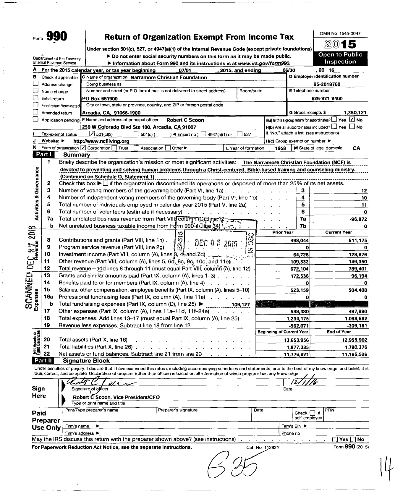 Image of first page of 2015 Form 990 for Narramore Christian Foundation Incorporated