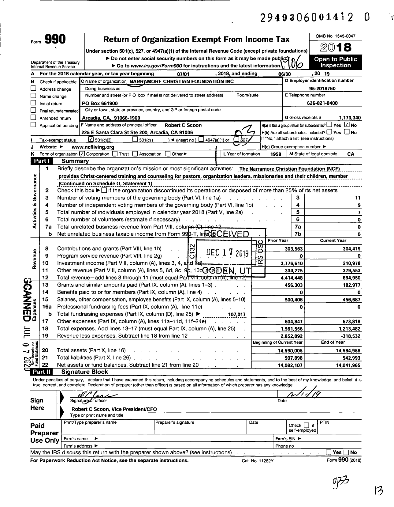 Image of first page of 2018 Form 990 for Narramore Christian Foundation Incorporated