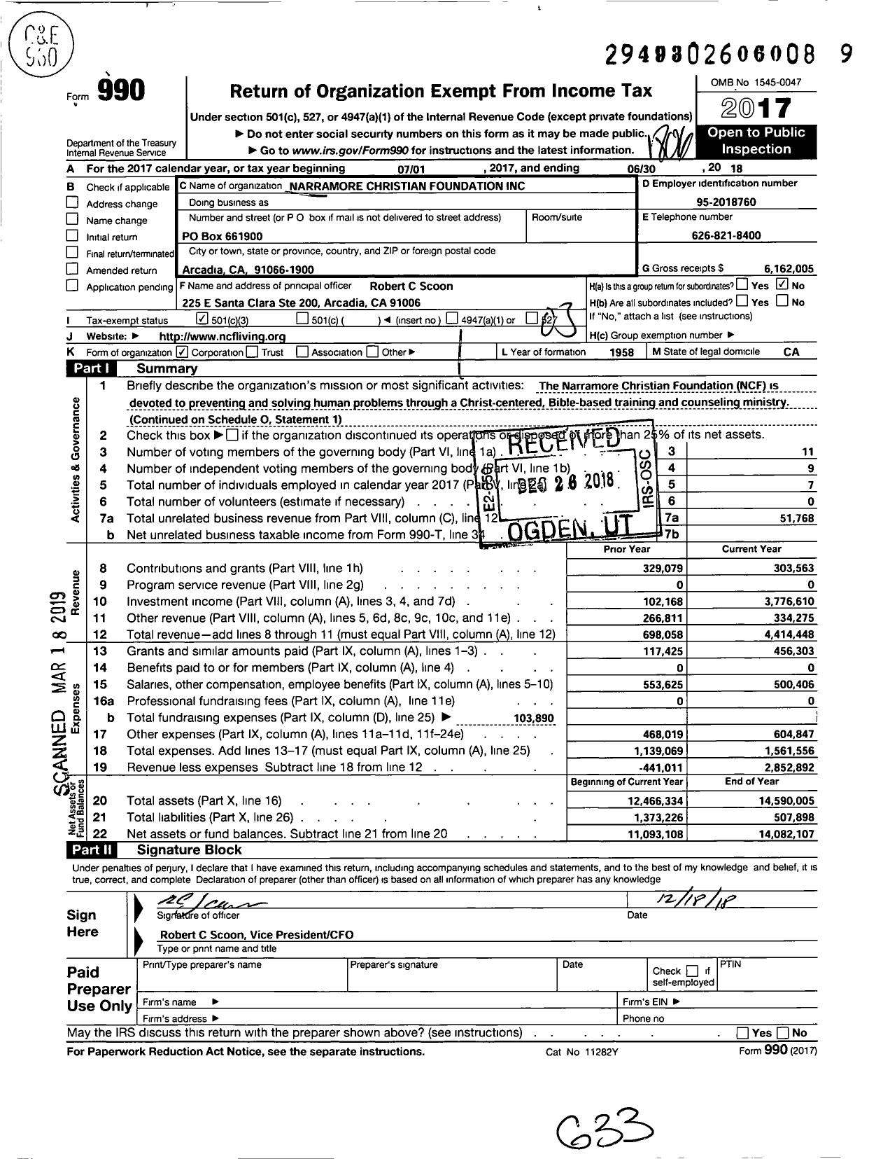 Image of first page of 2017 Form 990 for Narramore Christian Foundation Incorporated