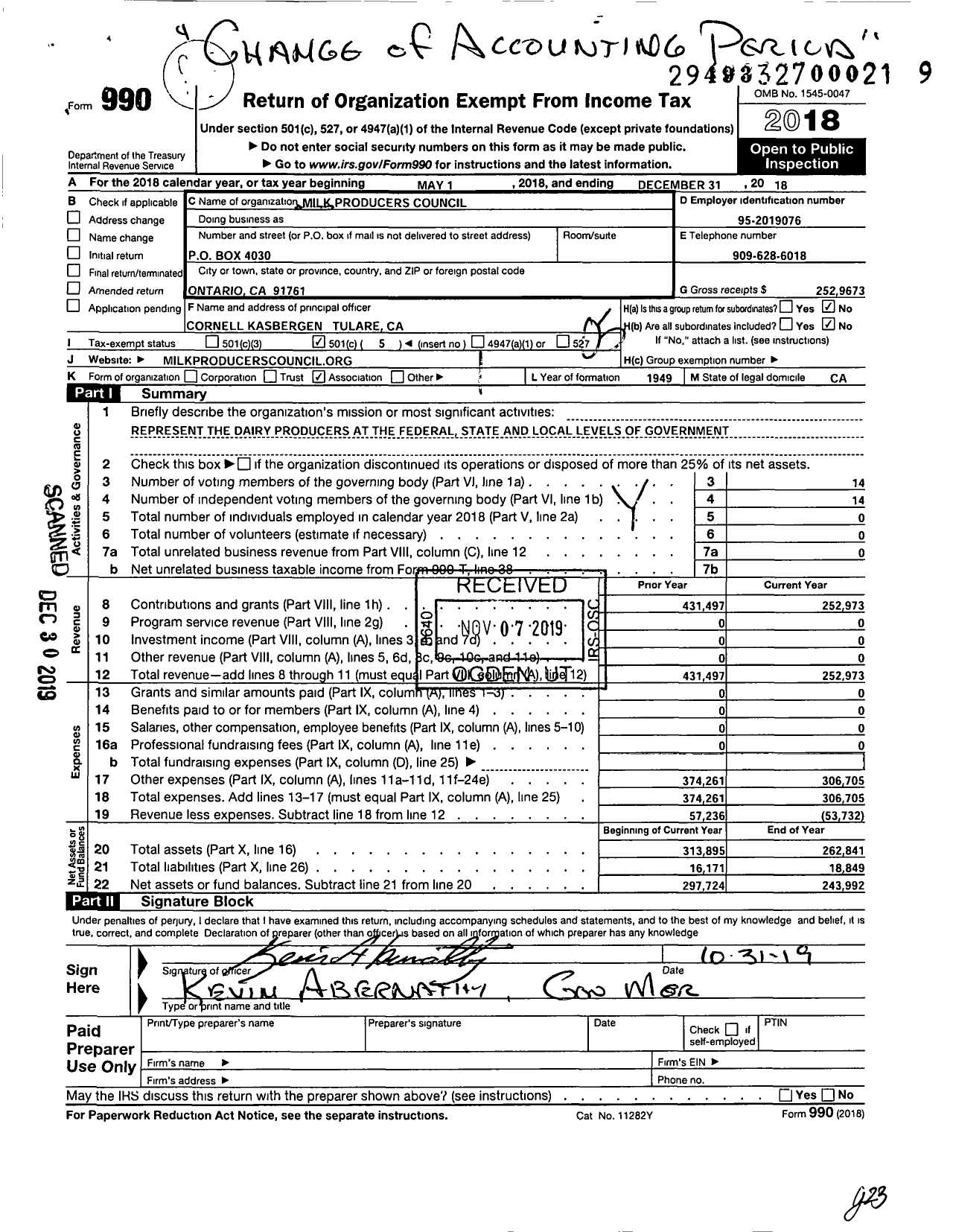 Image of first page of 2018 Form 990O for Milk Producers Council