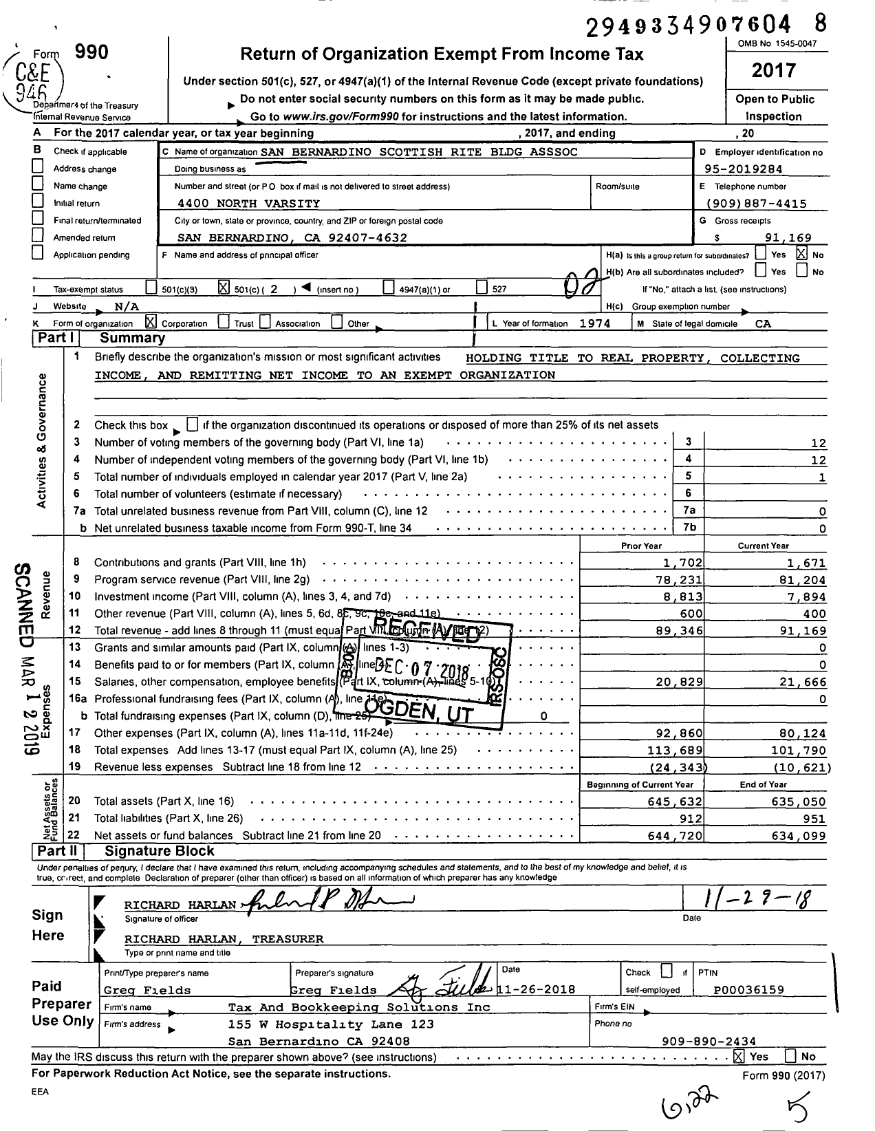 Image of first page of 2017 Form 990O for San Bernardino Scottish Rite Bldg Association