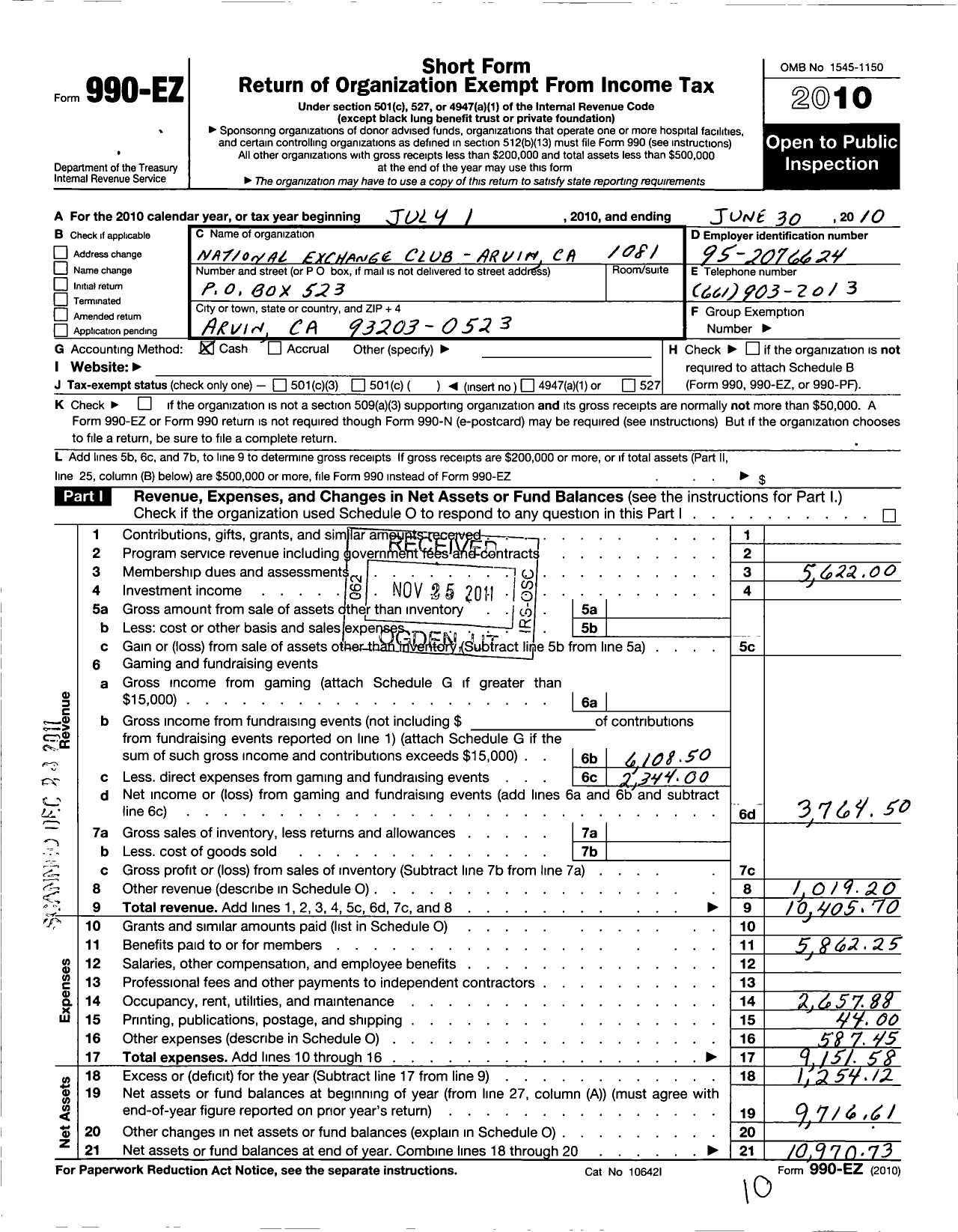 Image of first page of 2009 Form 990EO for National Exchange Club - 1081 Arvin Ca