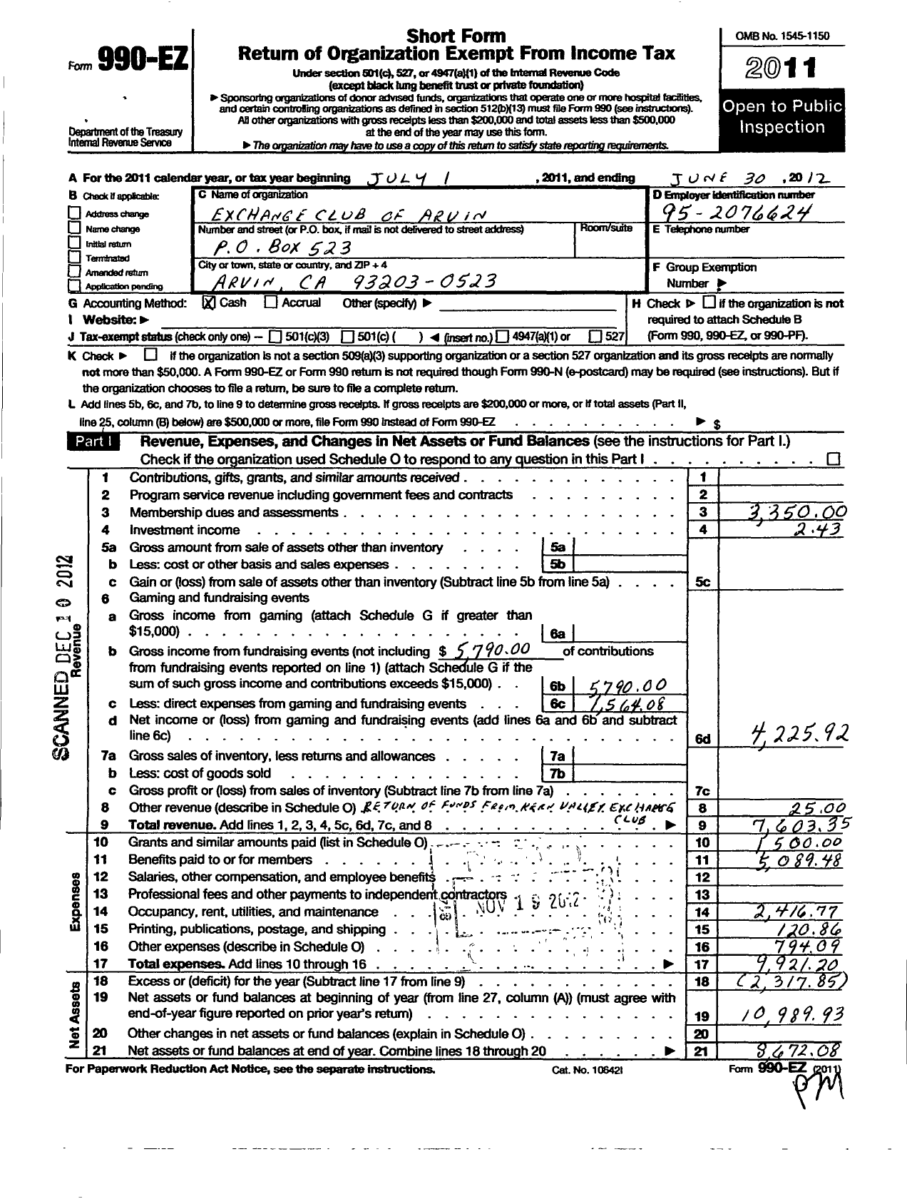 Image of first page of 2011 Form 990EZ for National Exchange Club - 1081 Arvin Ca