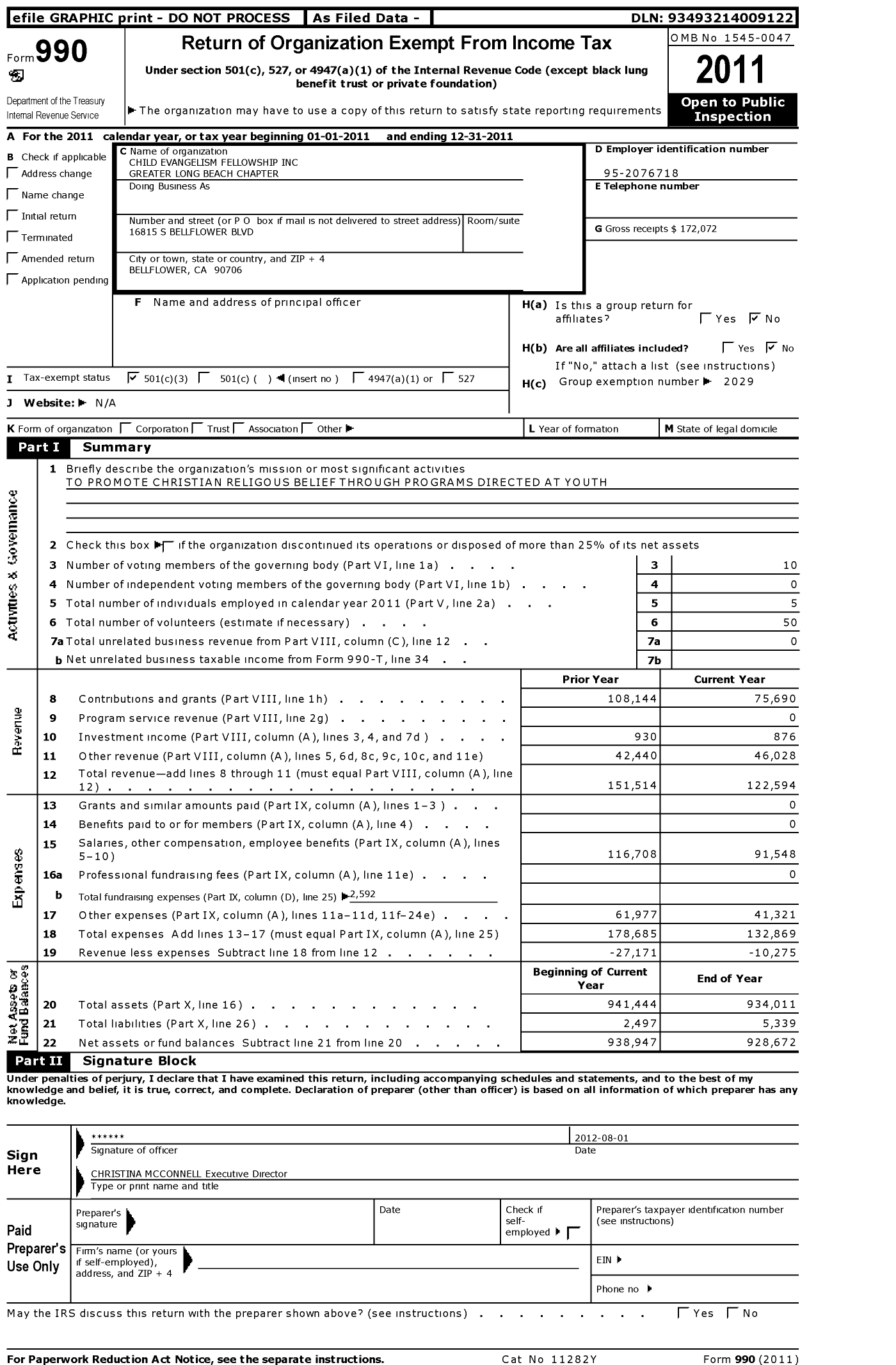 Image of first page of 2011 Form 990 for Child Evangelism Fellowship - Greater Long Beach Chapter