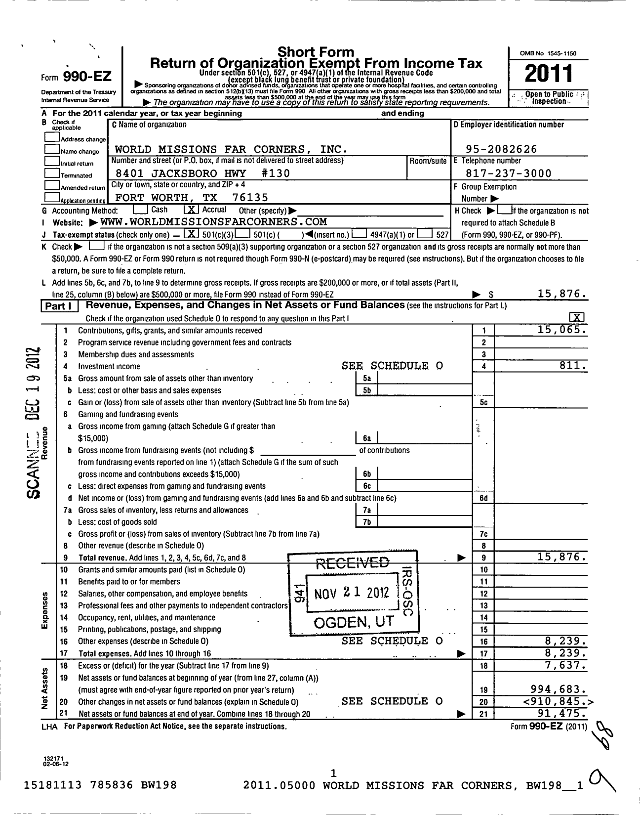 Image of first page of 2011 Form 990EZ for World Missions Far Corners