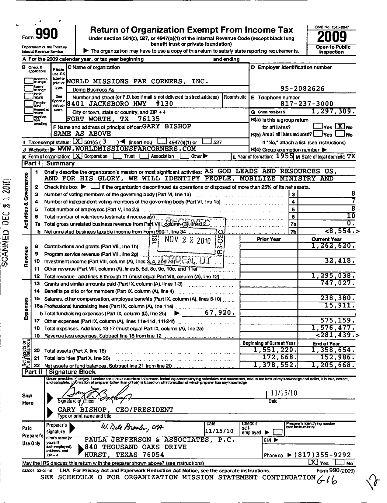 Image of first page of 2009 Form 990 for World Missions Far Corners