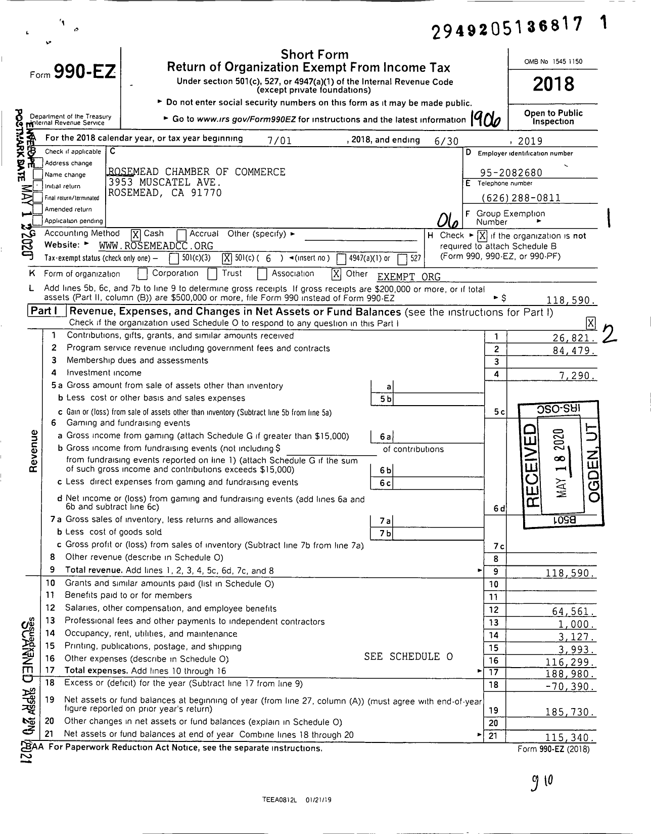 Image of first page of 2018 Form 990EO for Rosemead Chamber of Commerce