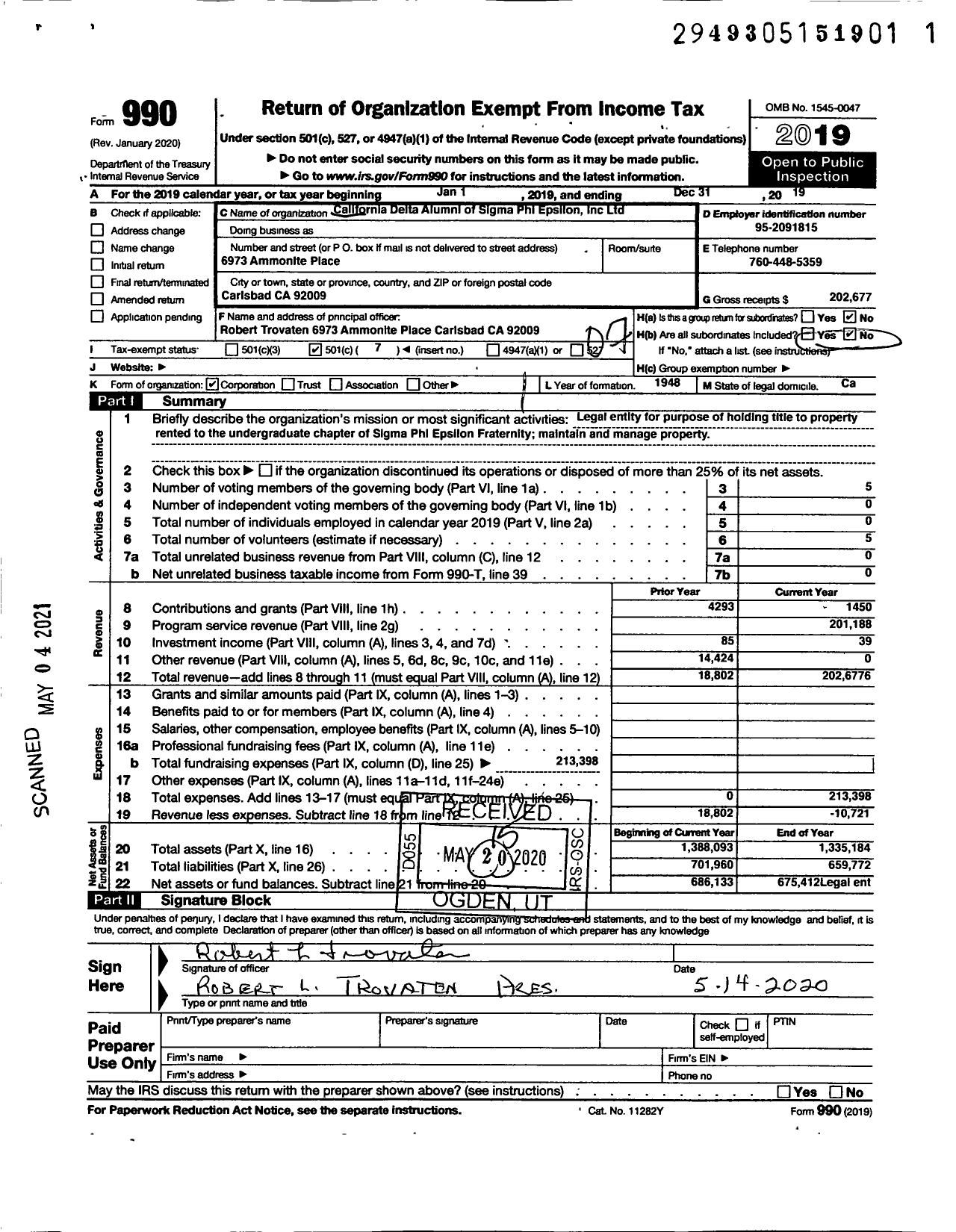 Image of first page of 2019 Form 990O for California Delta Alumni of Sigma Phi Epsilon