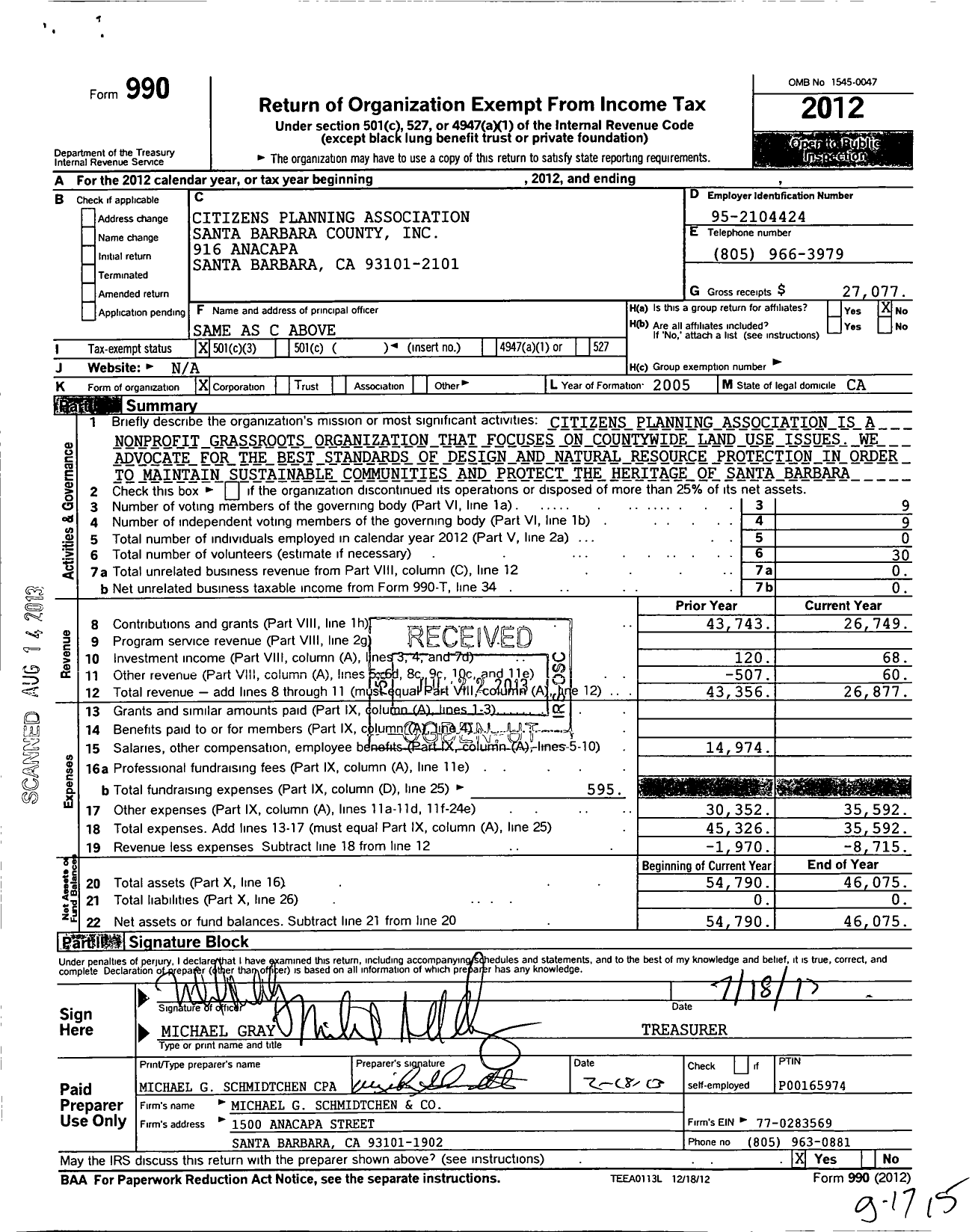 Image of first page of 2012 Form 990 for Citizens Planning Association