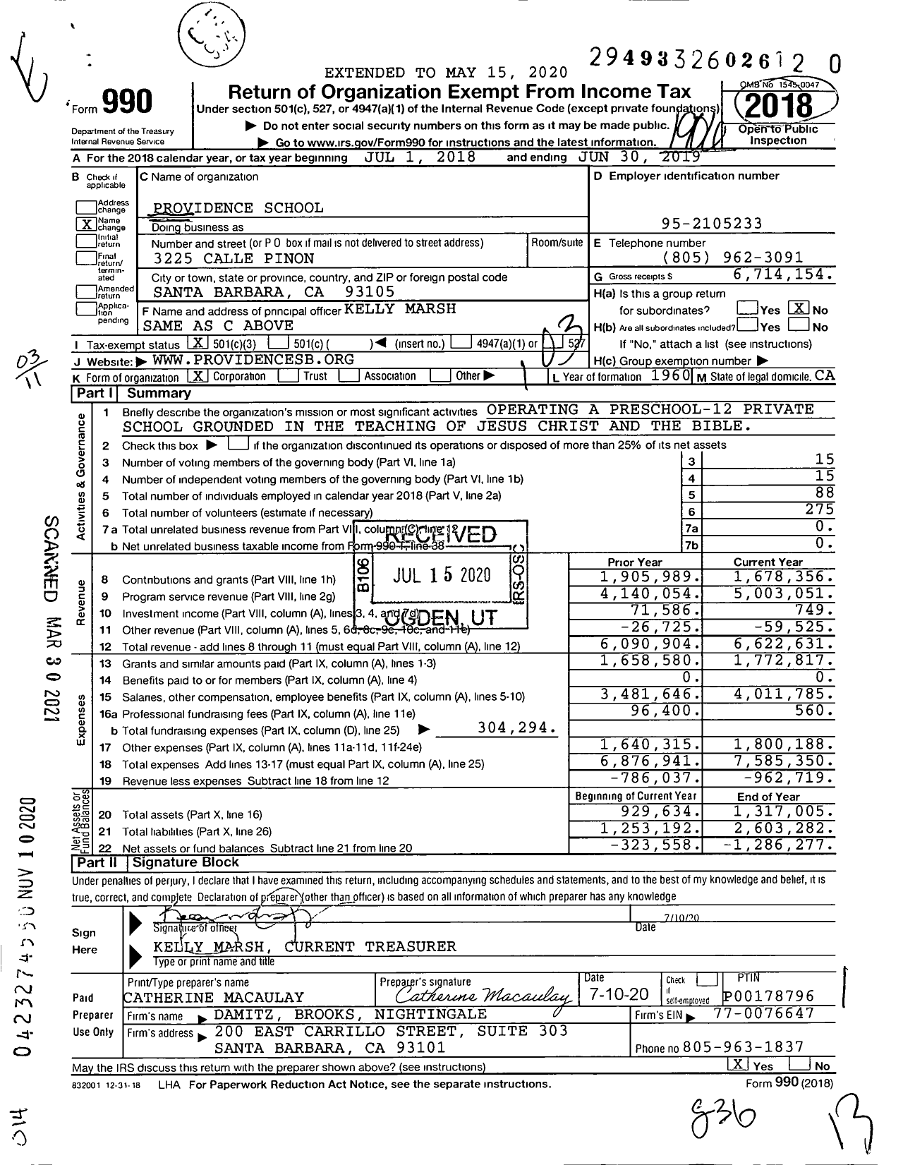 Image of first page of 2018 Form 990 for Providence School