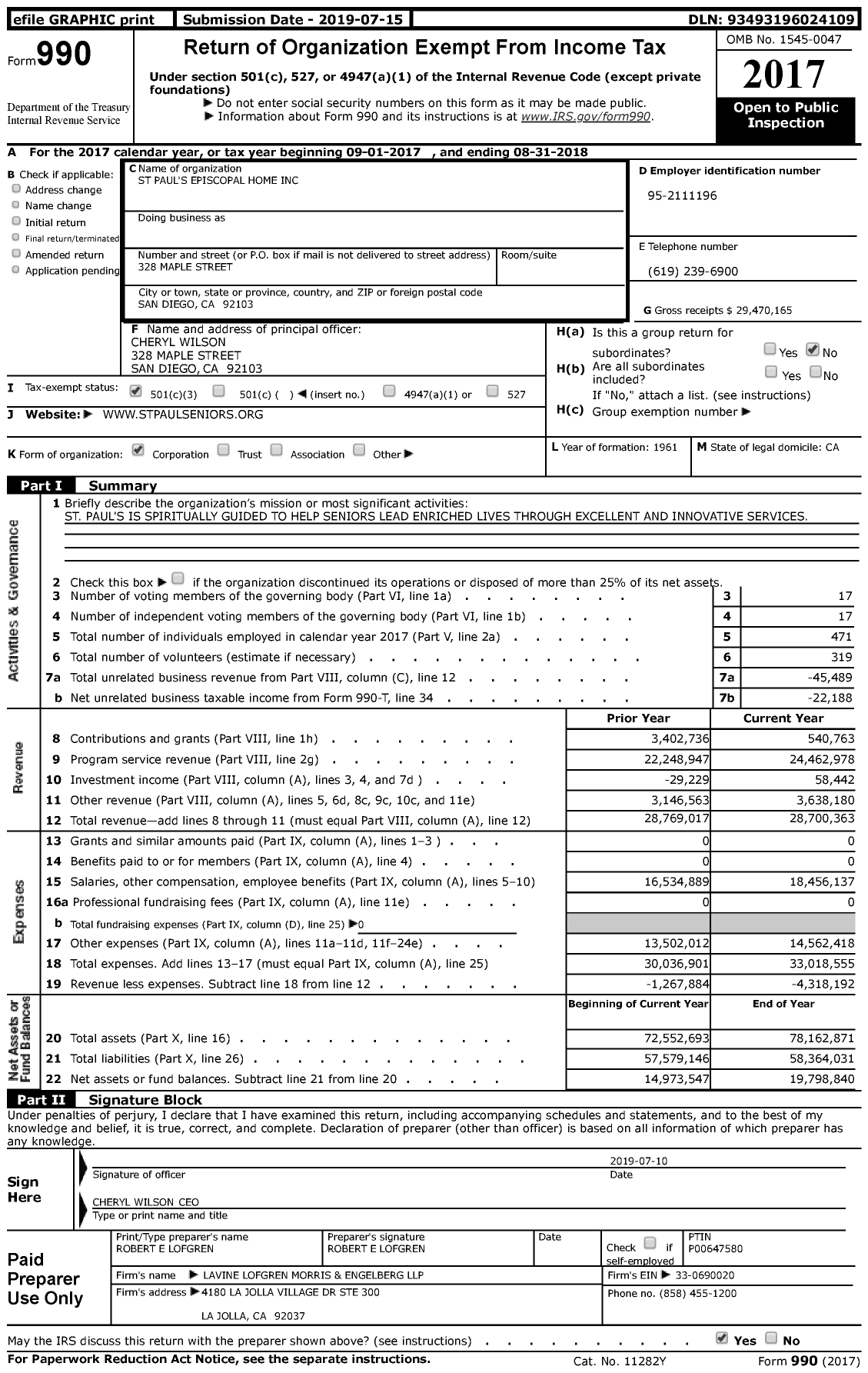 Image of first page of 2017 Form 990 for St Paul's Episcopal Home