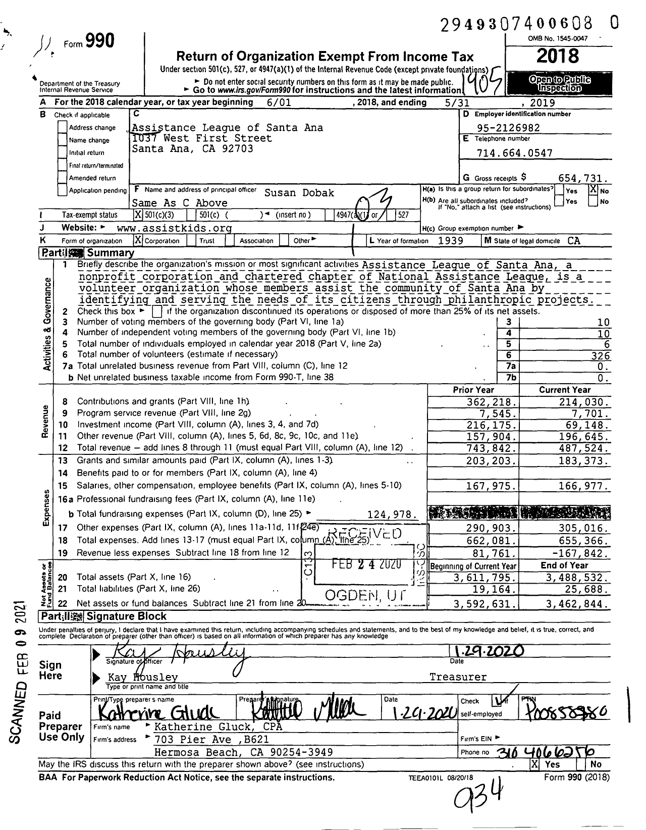 Image of first page of 2018 Form 990 for Assistance League of Santa Ana