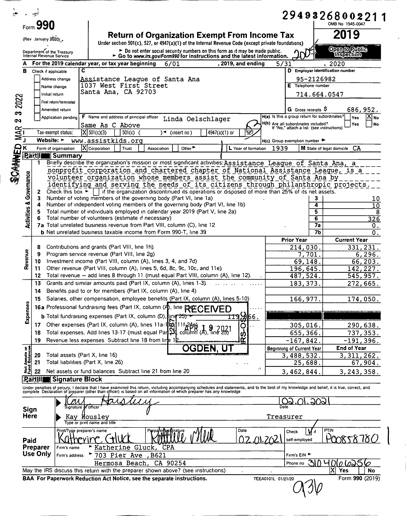 Image of first page of 2019 Form 990 for Assistance League of Santa Ana