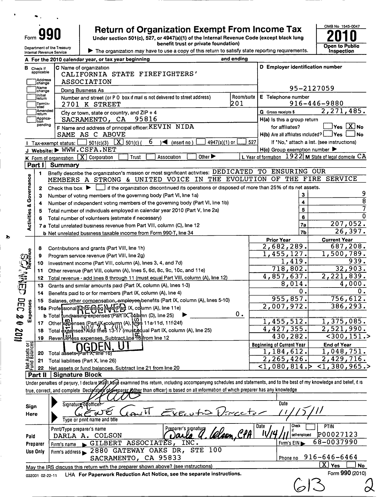 Image of first page of 2010 Form 990O for California State Firefighters Association (CSFA)