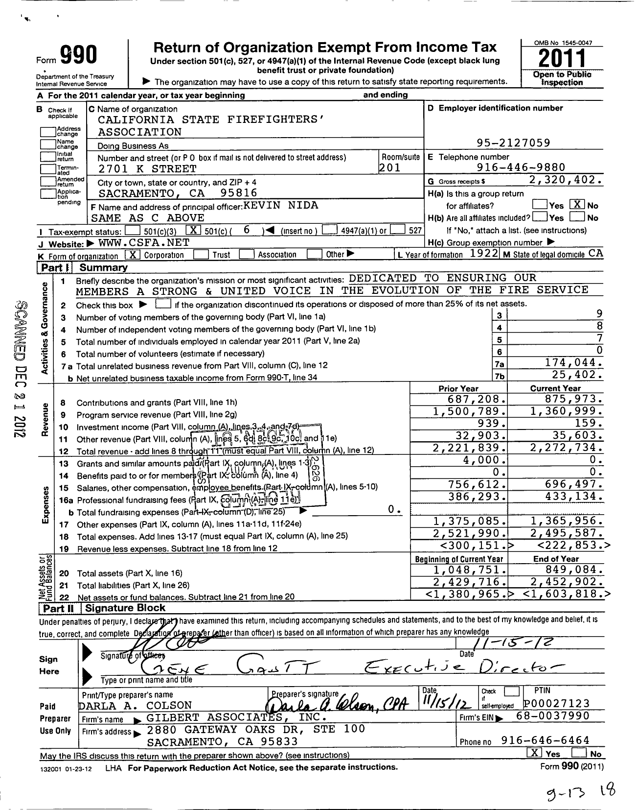 Image of first page of 2011 Form 990O for California State Firefighters Association (CSFA)