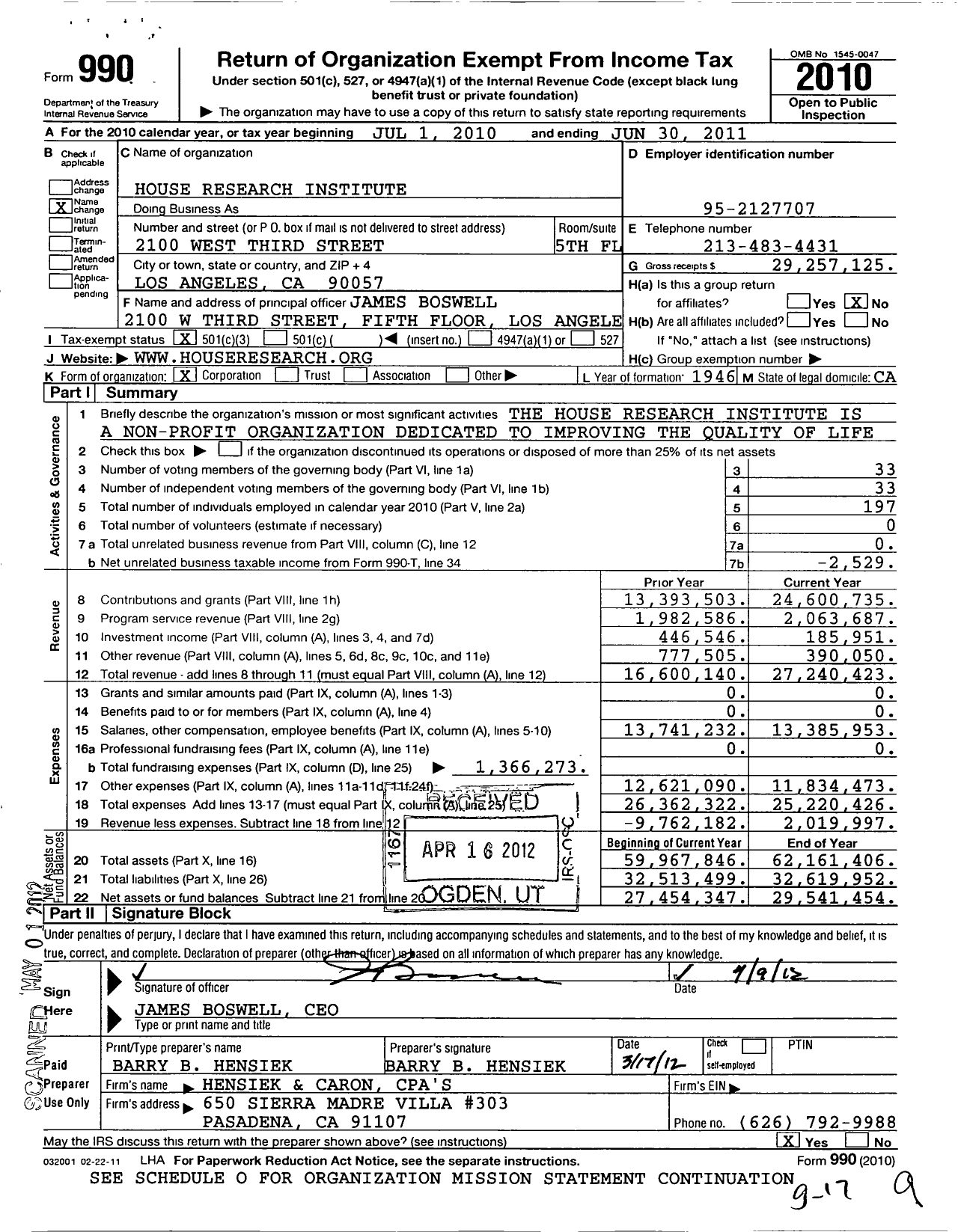 Image of first page of 2010 Form 990 for House Research Institute
