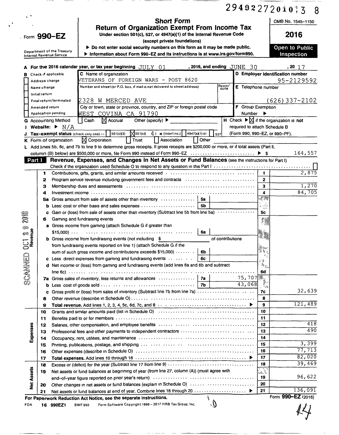 Image of first page of 2017 Form 990EO for VFW California Department - 8620-west Covina