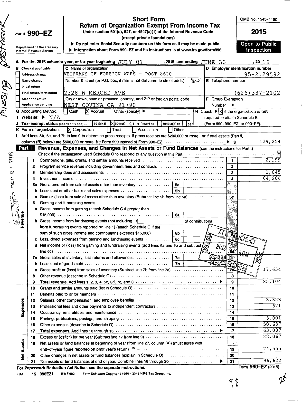 Image of first page of 2015 Form 990EO for VFW California Department - 8620-west Covina