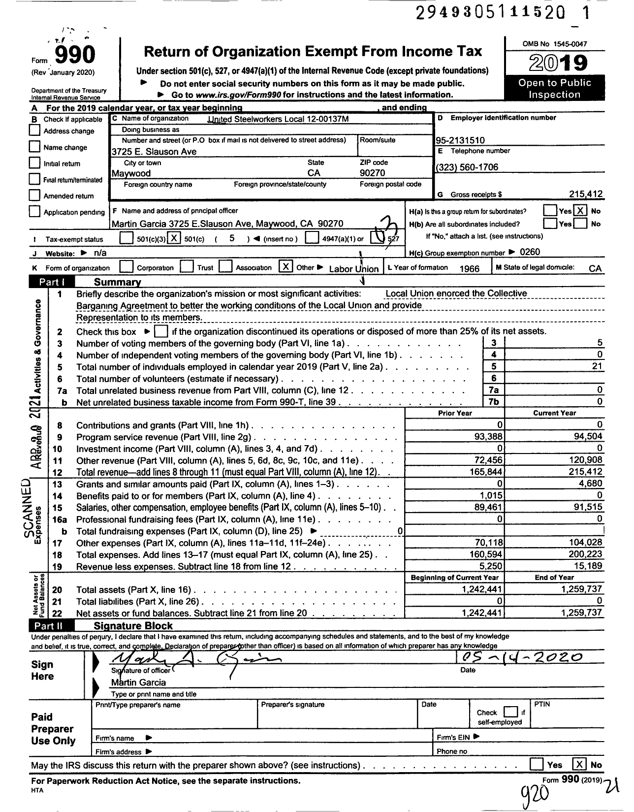 Image of first page of 2019 Form 990 for United Steelworkers - Local 00137M