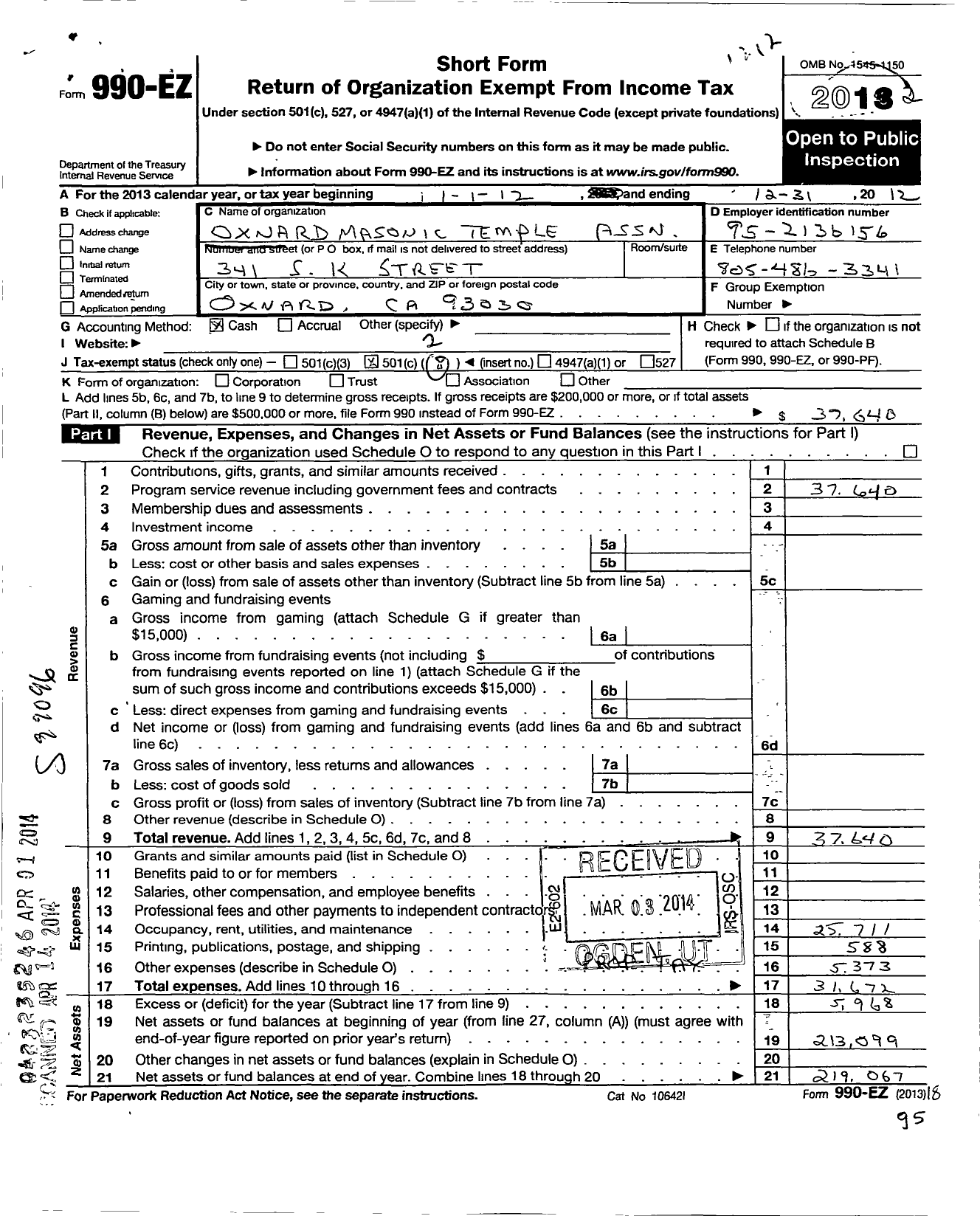 Image of first page of 2012 Form 990EO for Oxnard Masonic Center Association