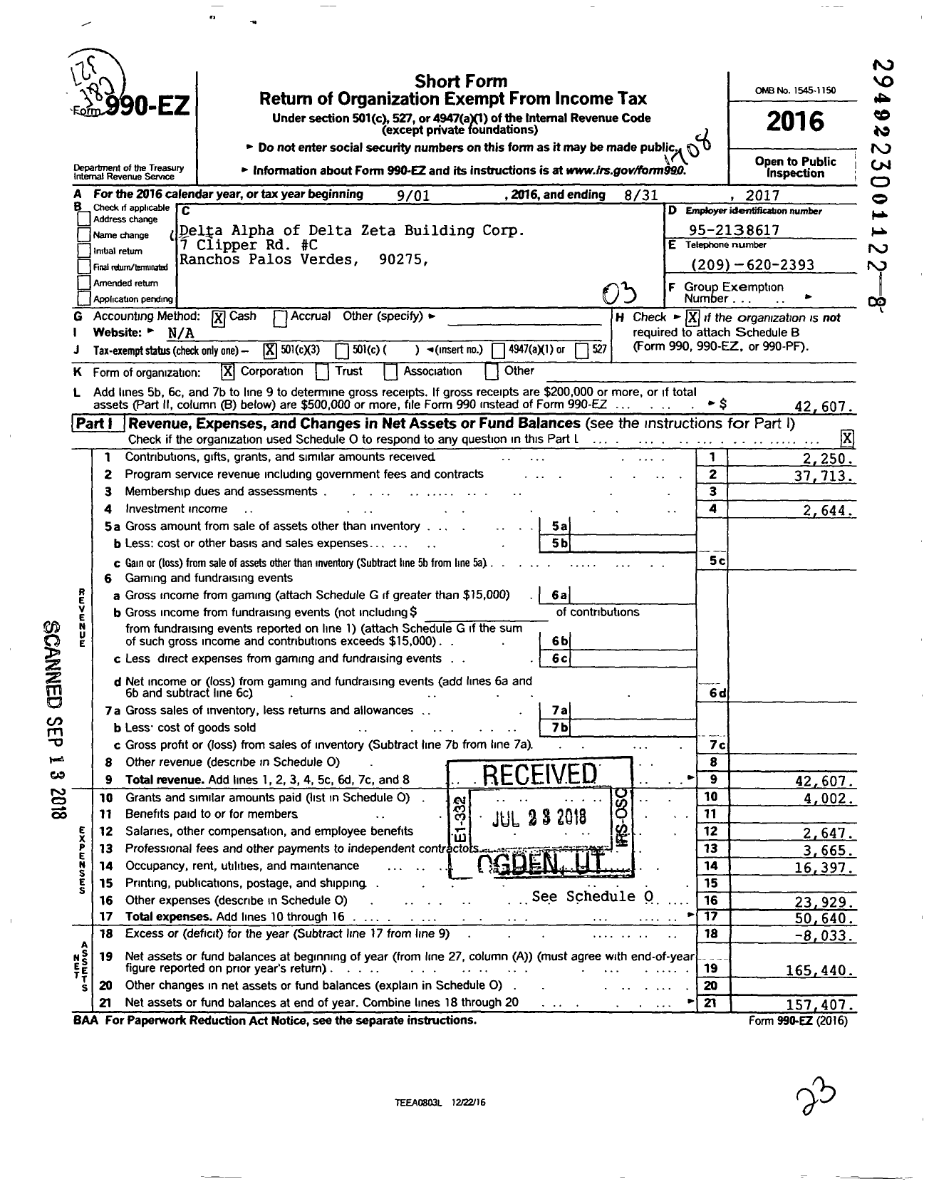 Image of first page of 2016 Form 990EZ for Delta Zeta Sorority / Delta Alpha Bldg Corp