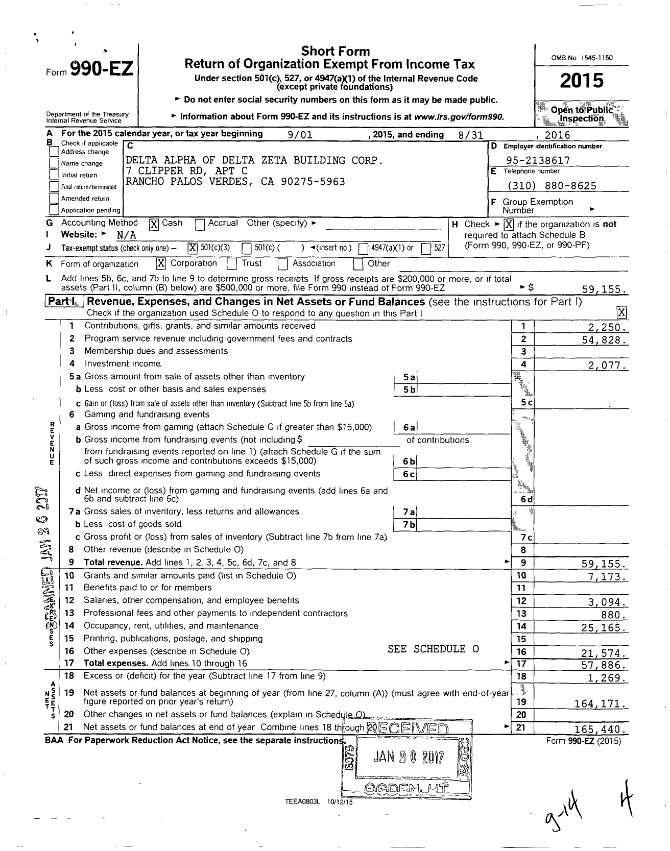 Image of first page of 2015 Form 990EZ for Delta Zeta Sorority / Delta Alpha Bldg Corp