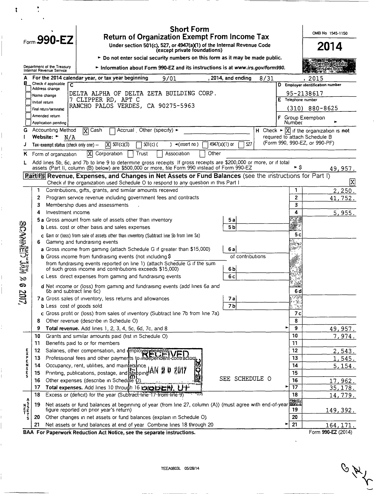 Image of first page of 2014 Form 990EZ for Delta Zeta Sorority / Delta Alpha Bldg Corp