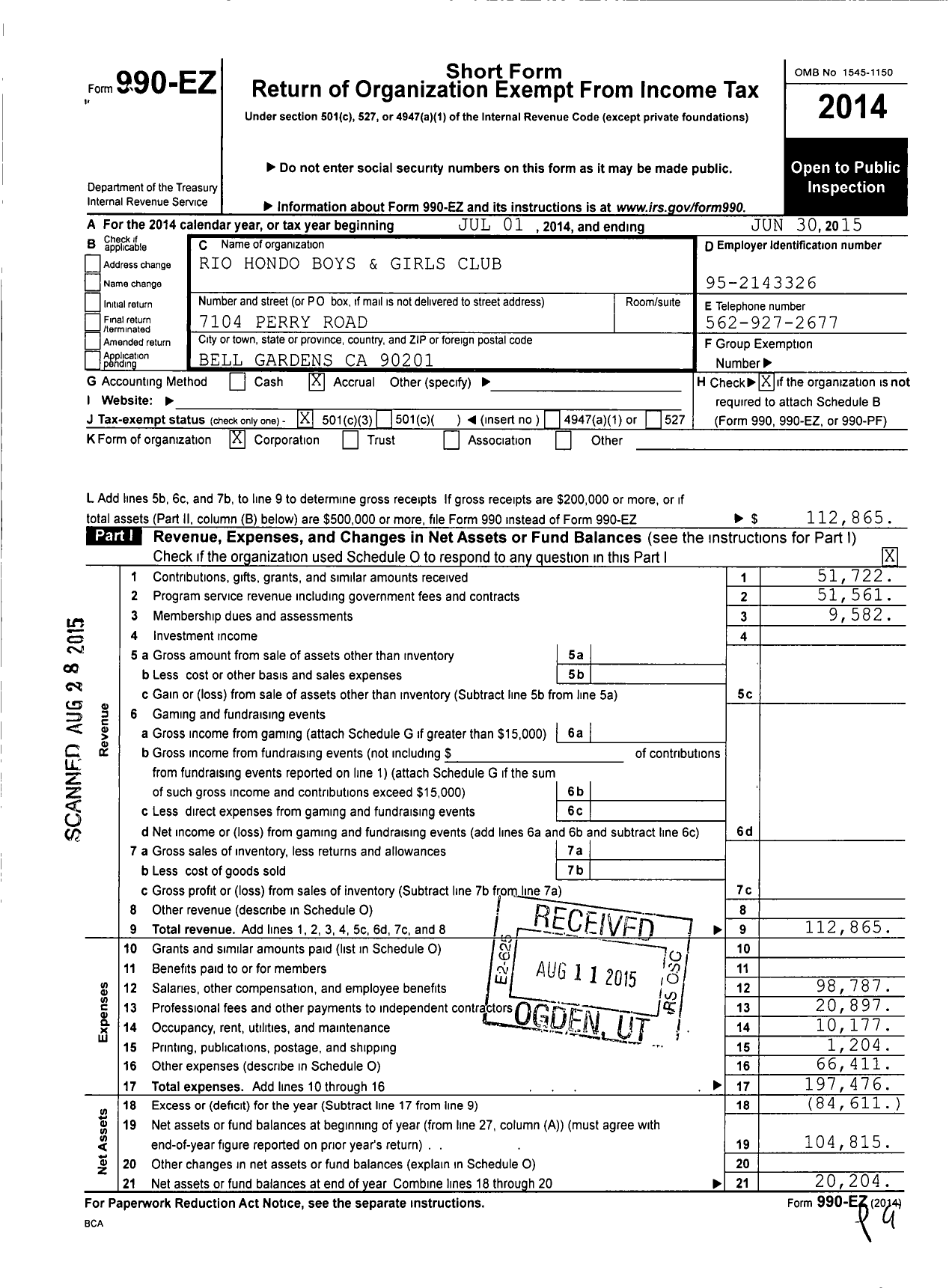 Image of first page of 2014 Form 990EZ for Rio Hondo Boys and Girls Club