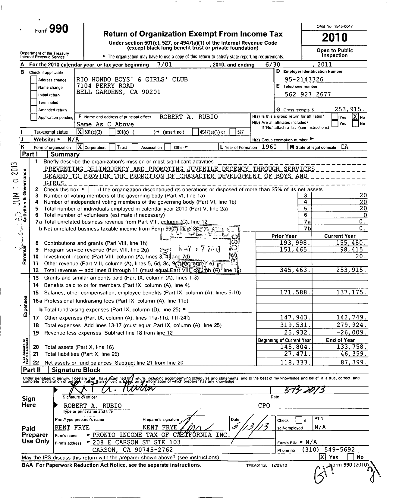 Image of first page of 2010 Form 990 for Rio Hondo Boys and Girls Club