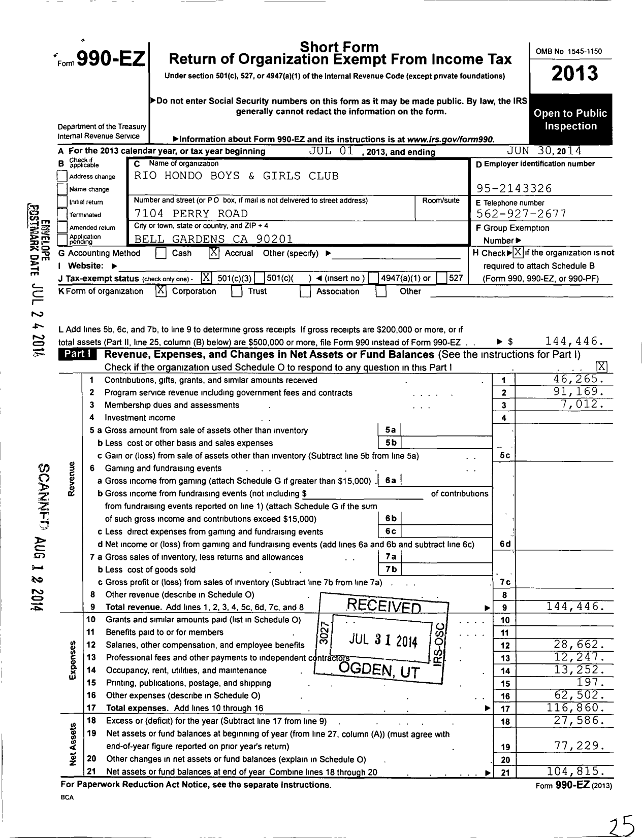 Image of first page of 2013 Form 990EZ for Rio Hondo Boys and Girls Club