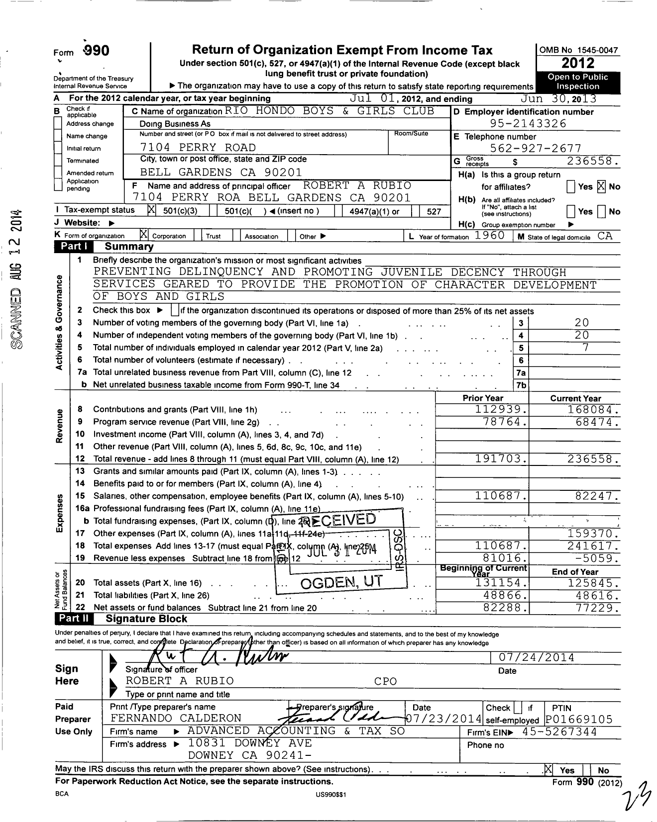 Image of first page of 2012 Form 990 for Rio Hondo Boys and Girls Club