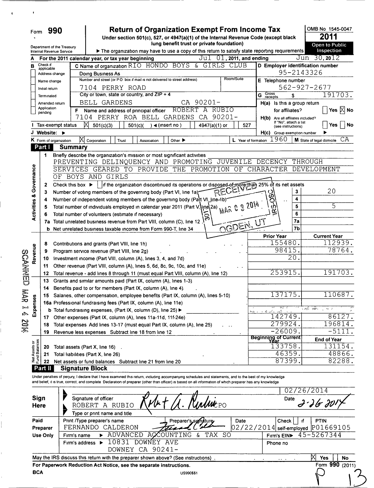 Image of first page of 2011 Form 990 for Rio Hondo Boys and Girls Club