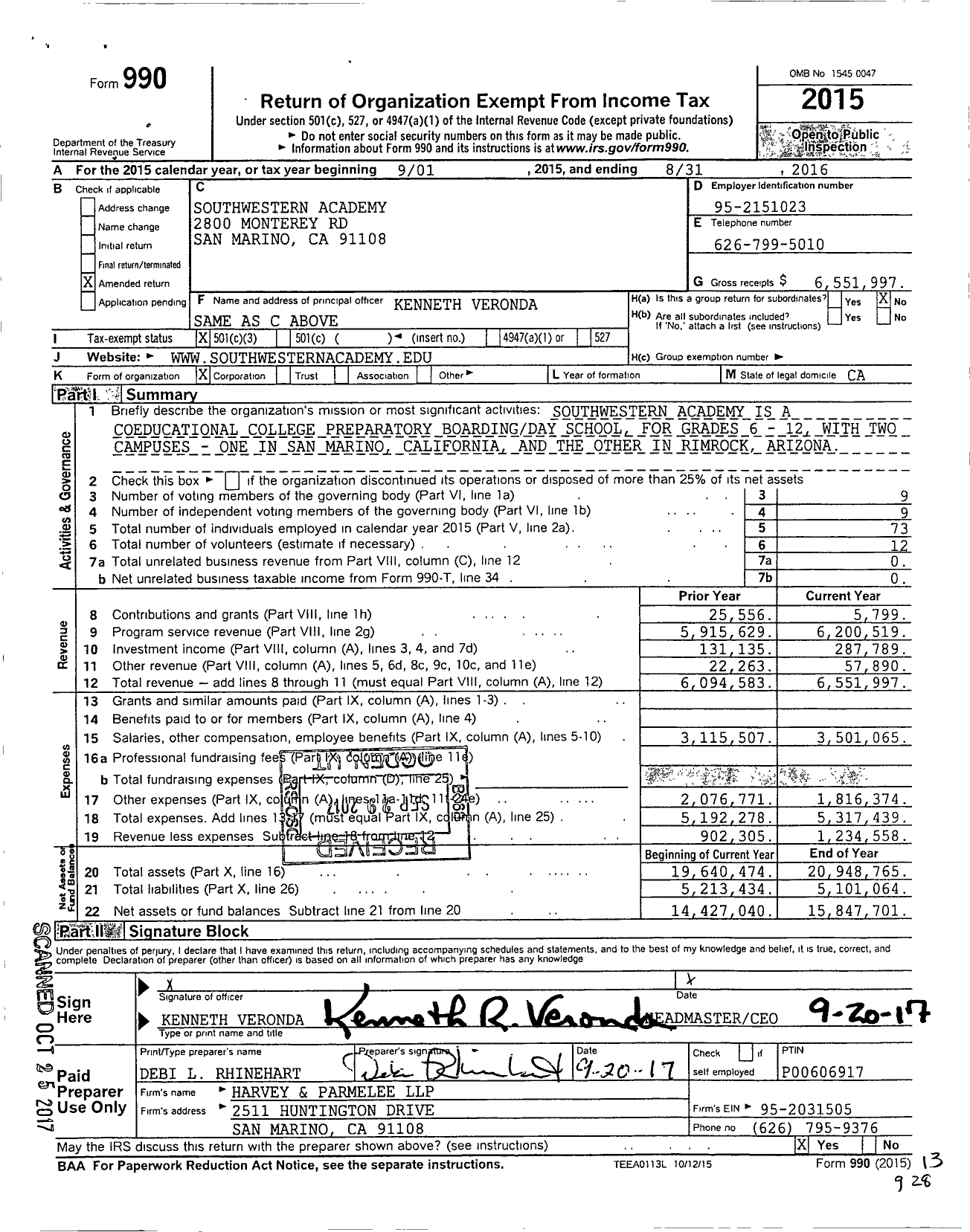 Image of first page of 2015 Form 990 for Southwestern Academy
