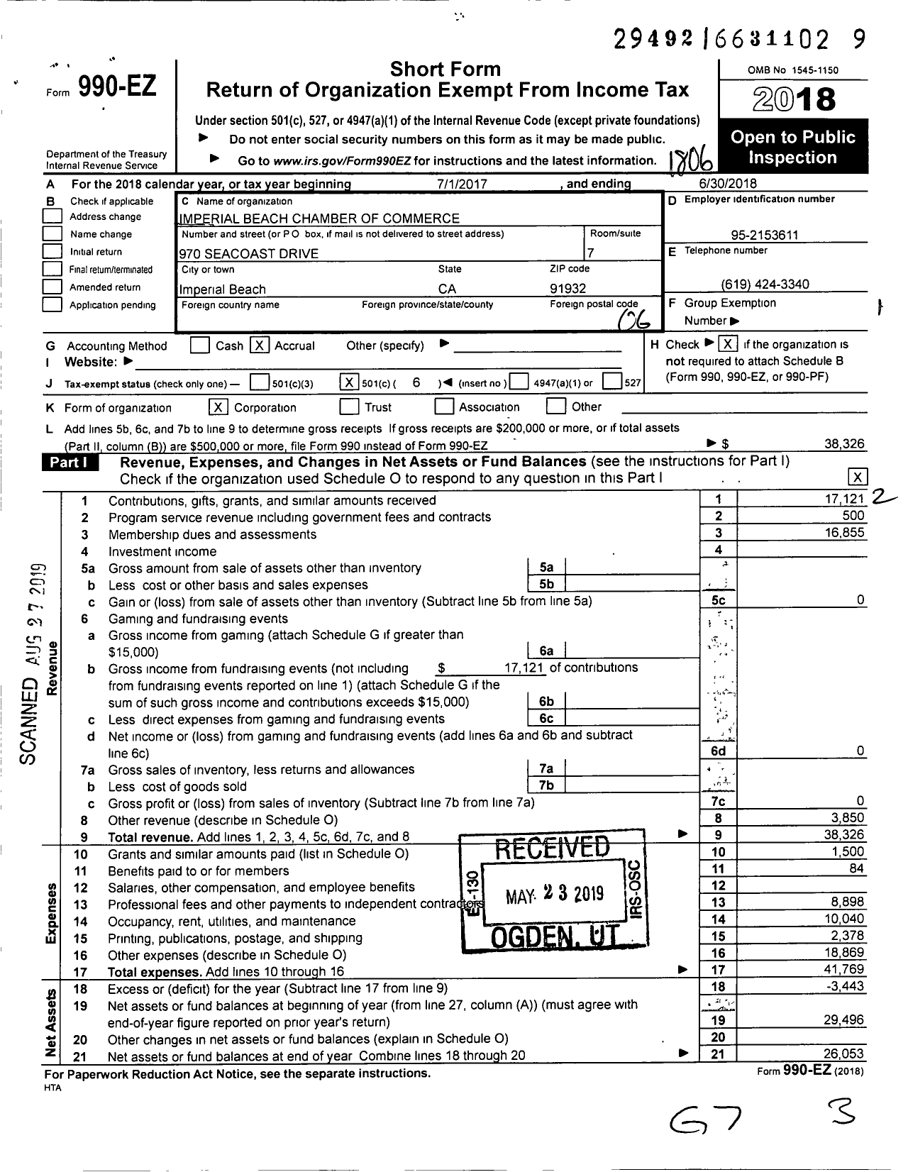 Image of first page of 2017 Form 990EO for Imperial Beach Chamber of Commerce