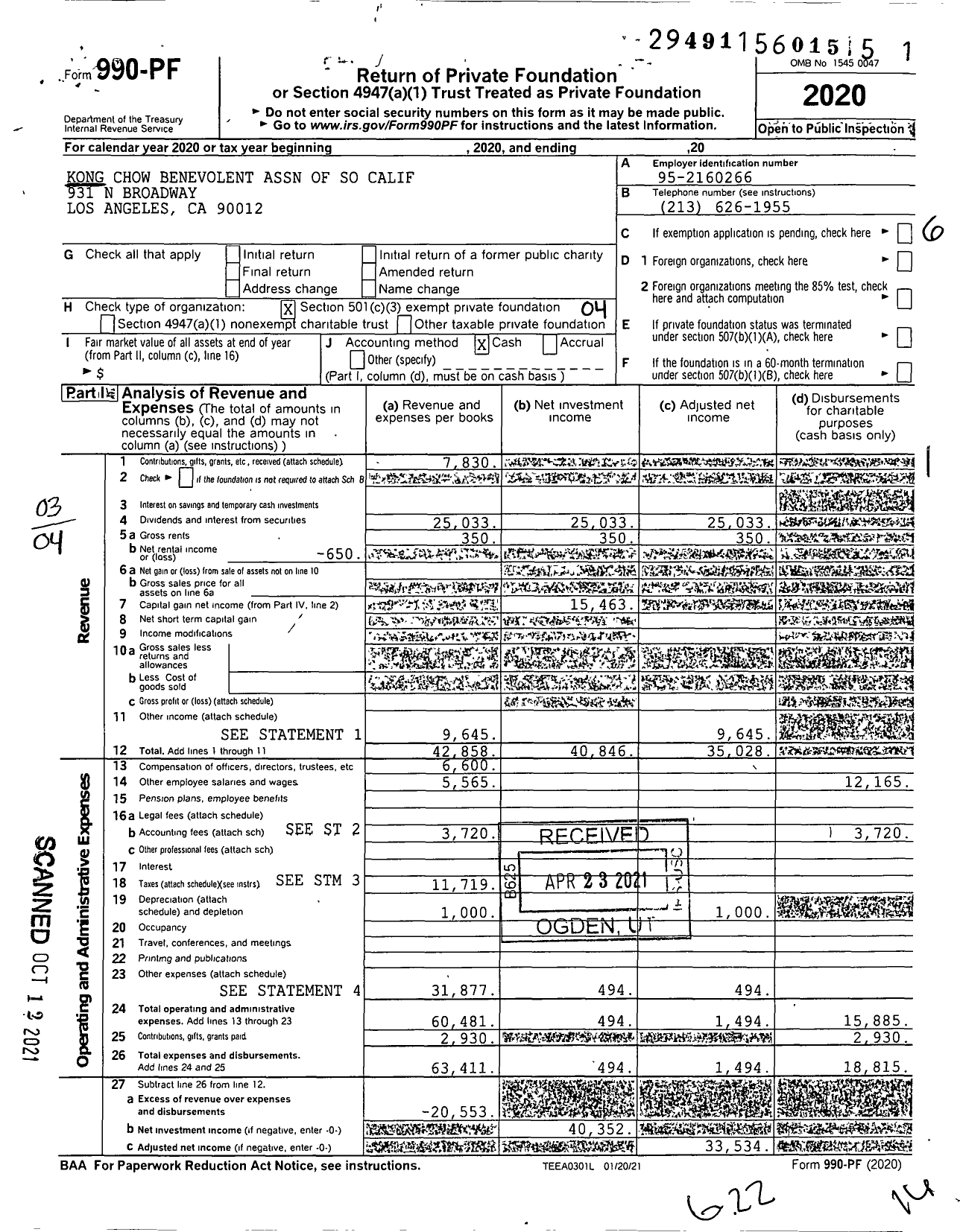 Image of first page of 2020 Form 990PF for Kong Chow Benevolent Association of So Calif