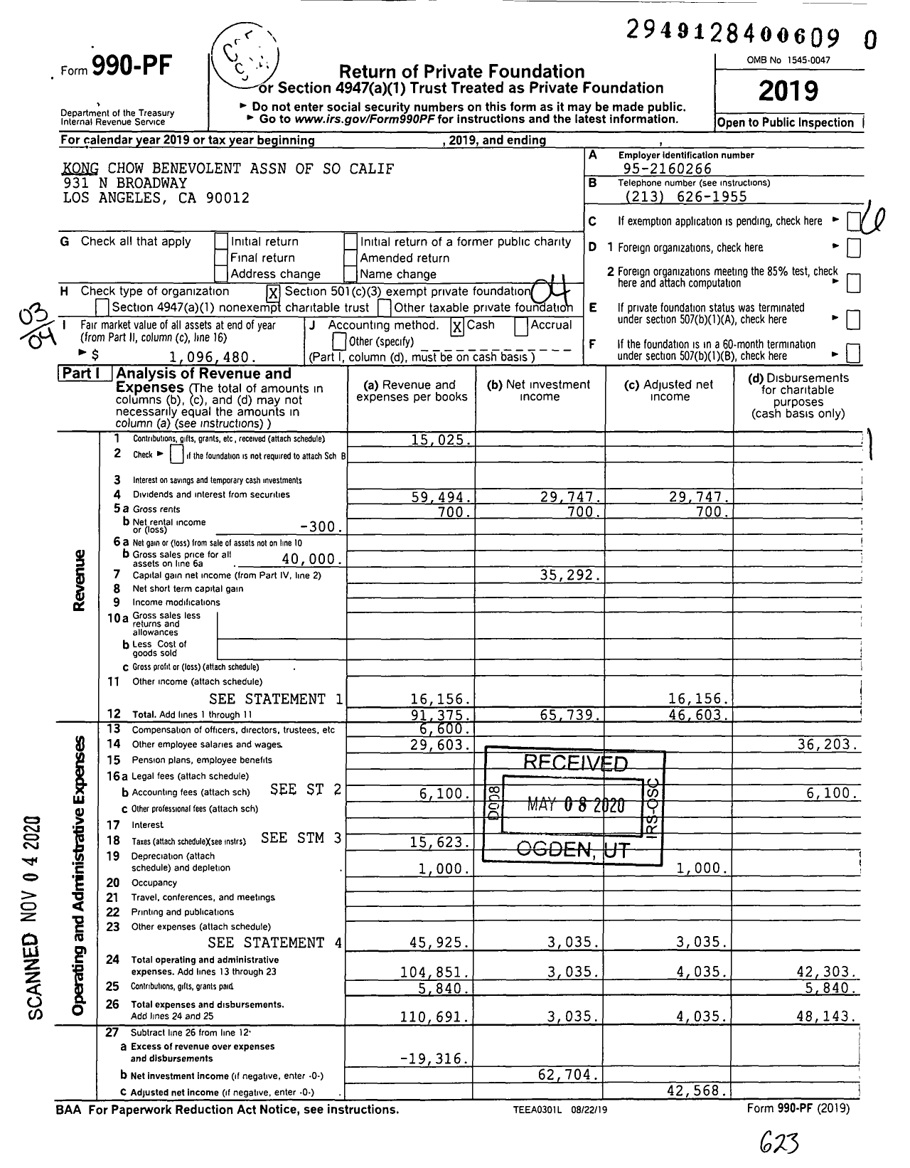 Image of first page of 2019 Form 990PF for Kong Chow Benevolent Association of So Calif